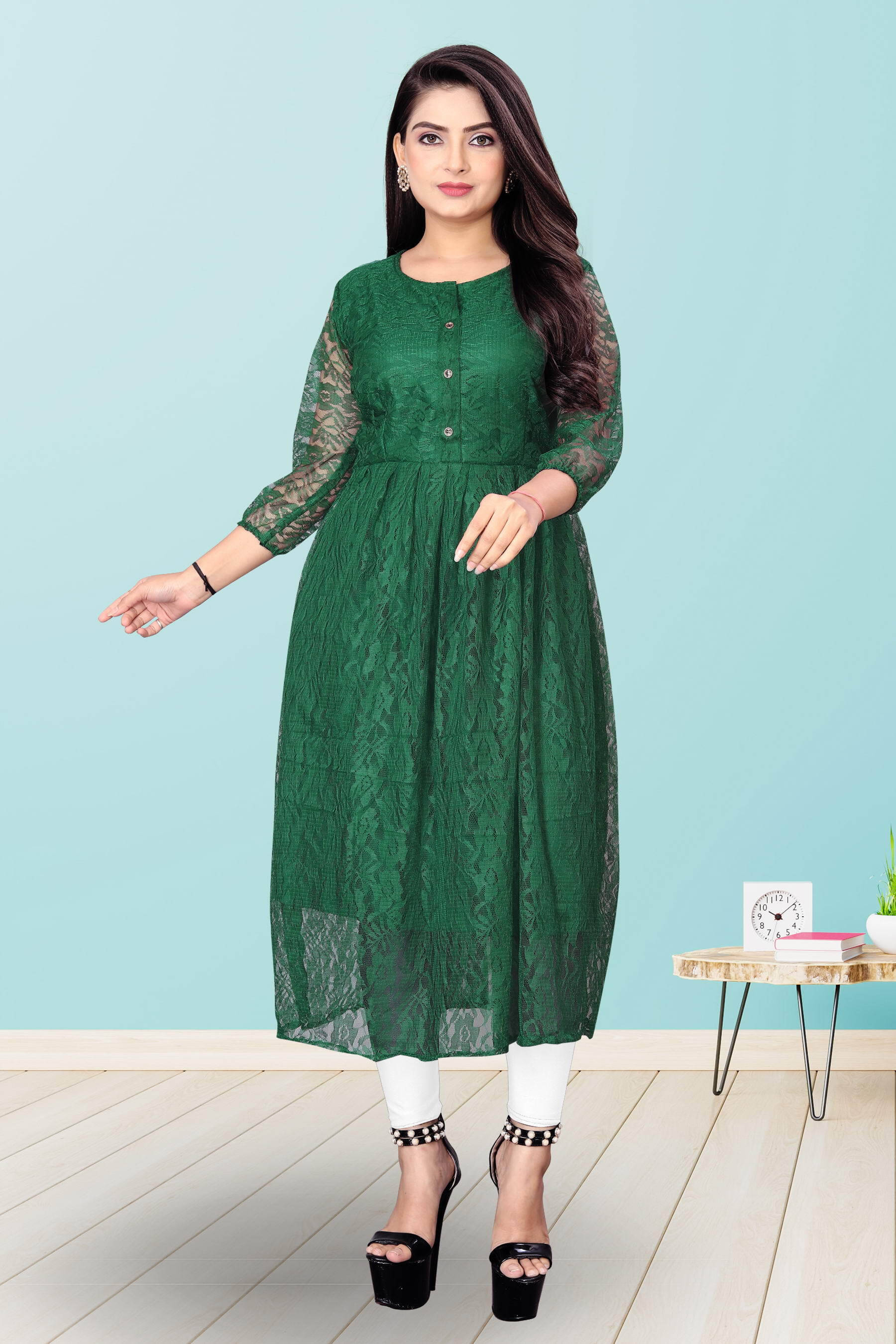Lakshya Fashion Women Net Printed Anarkali Kurti ( Green )     			Lakshya Fashion Women Net Printed Anarkali Kurti ( Green )