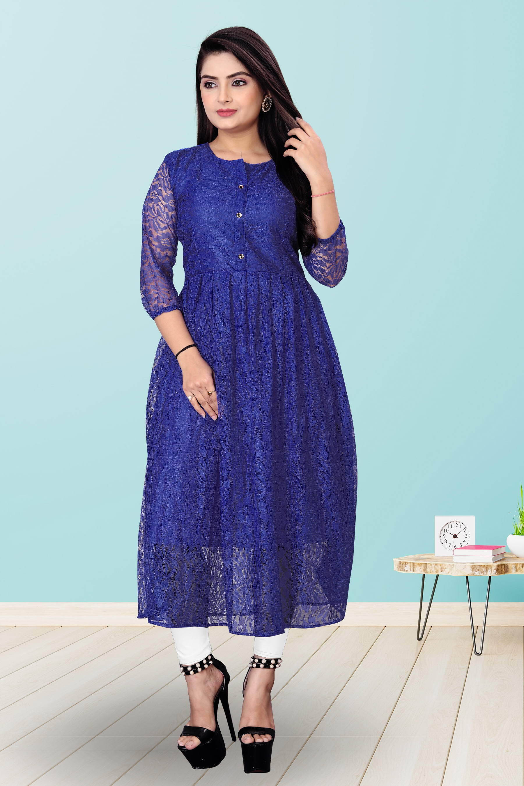 Lakshya Fashion Women Net Printed Anarkali Kurti ( Dark Blue )     			Lakshya Fashion Women Net Printed Anarkali Kurti ( Dark Blue )