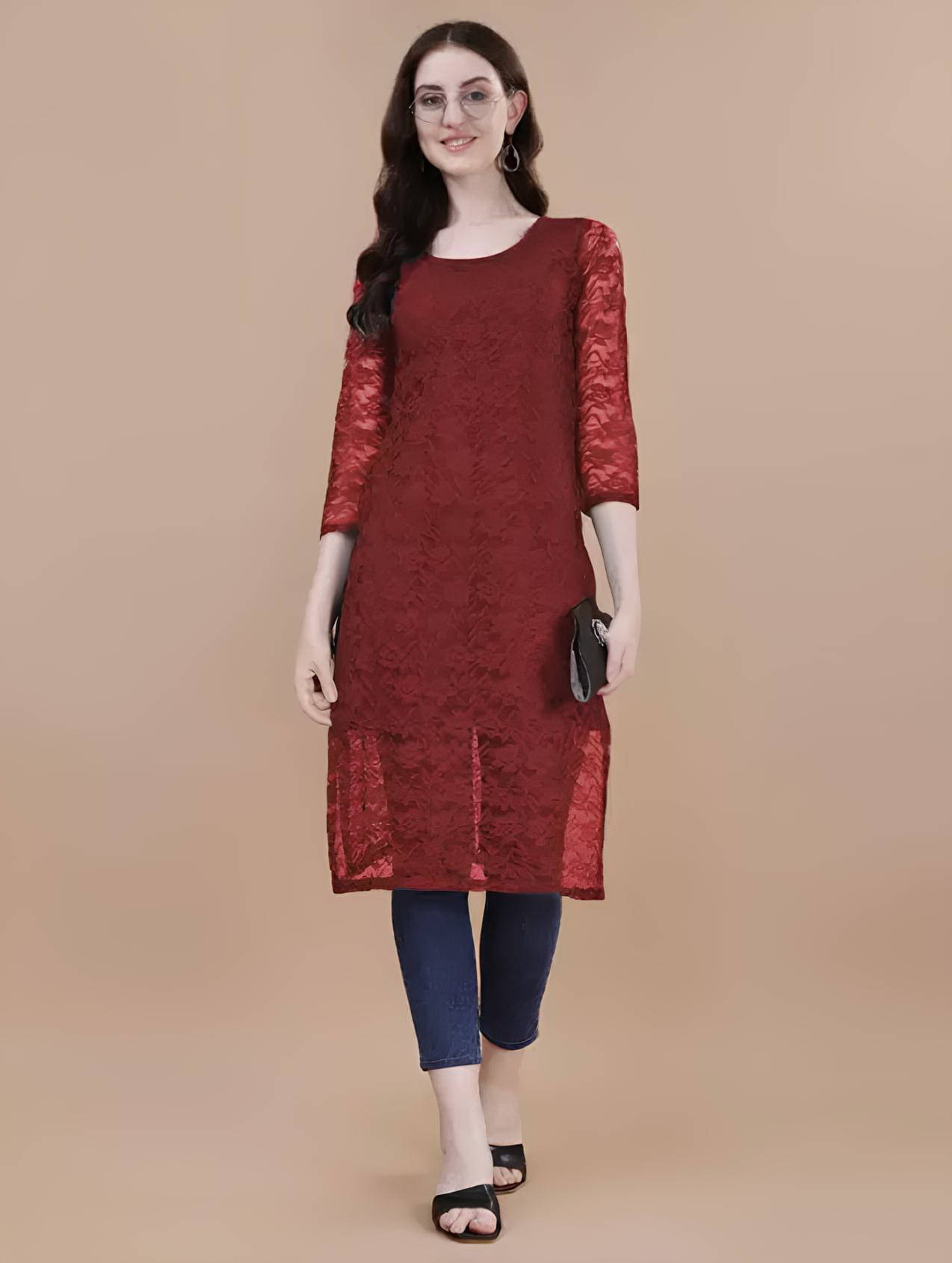 Lakshya Fashion Women Net Printed Straight Kurti ( Maroon )     			Lakshya Fashion Women Net Printed Straight Kurti ( Maroon )