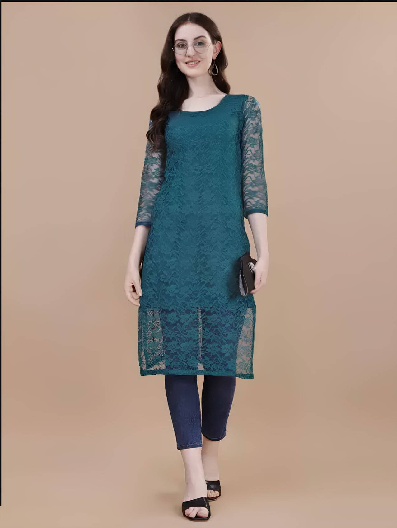 Lakshya Fashion Women Net Printed Straight Kurti ( Dark Blue )     			Lakshya Fashion Women Net Printed Straight Kurti ( Dark Blue )