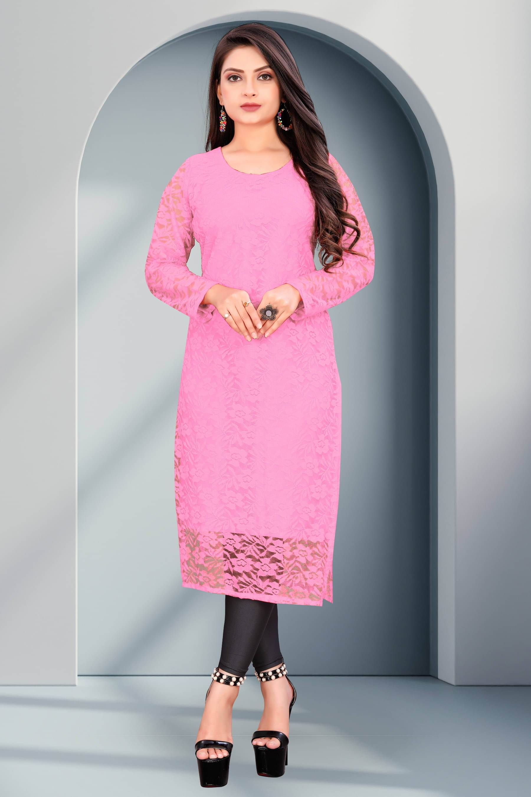     			Lakshya Fashion Women Net Printed Straight Kurti ( Pink )