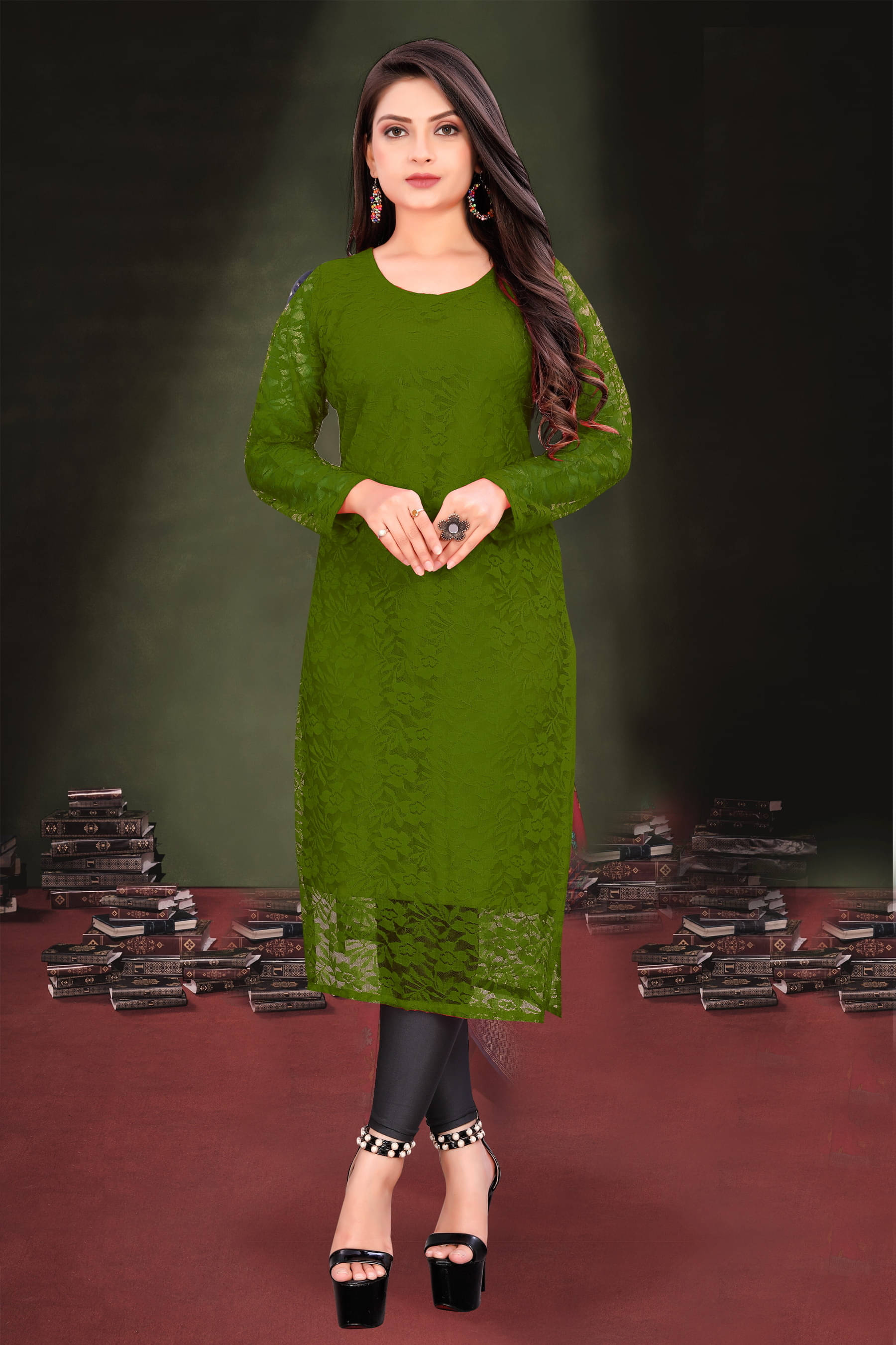     			Lakshya Fashion Women Net Printed A-line Kurti ( Dark Green )