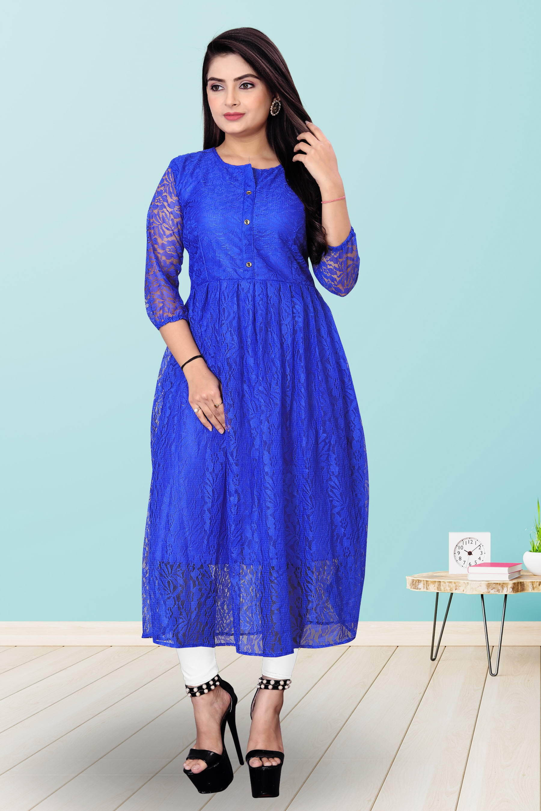 Lakshya Fashion Women Net Printed Anarkali Kurti ( Blue )     			Lakshya Fashion Women Net Printed Anarkali Kurti ( Blue )