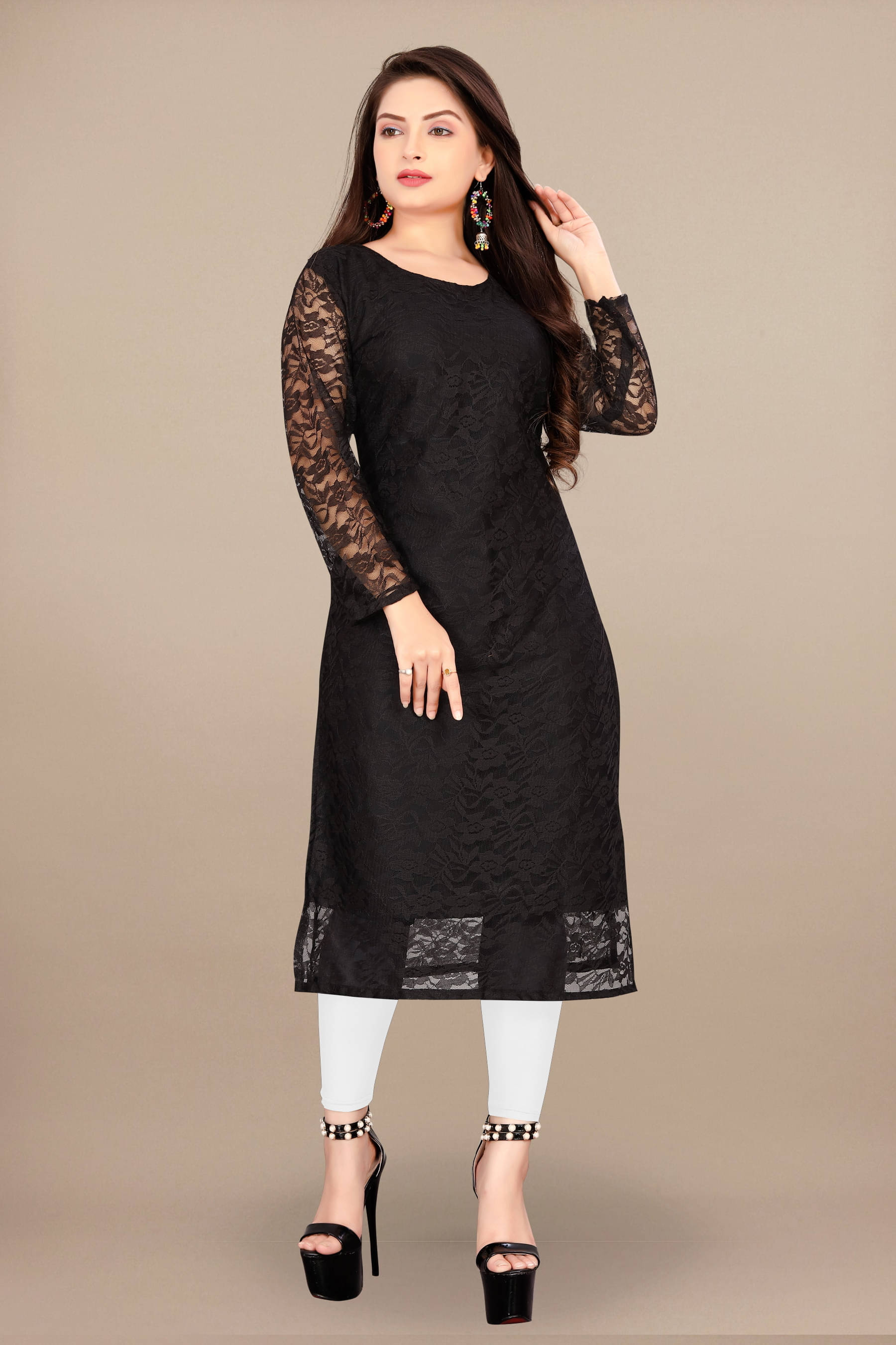 Lakshya Fashion Women Net Printed A-line Kurti ( Black )     			Lakshya Fashion Women Net Printed A-line Kurti ( Black )