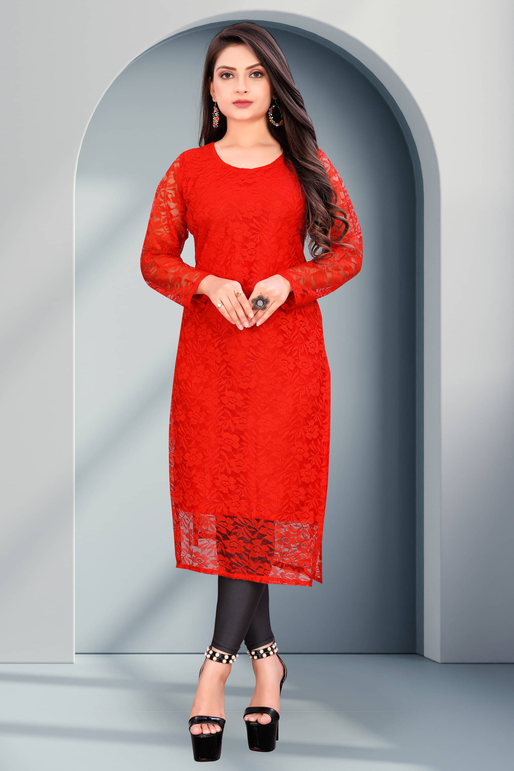 Lakshya Fashion Women Net Printed Straight Kurti ( Red )     			Lakshya Fashion Women Net Printed Straight Kurti ( Red )