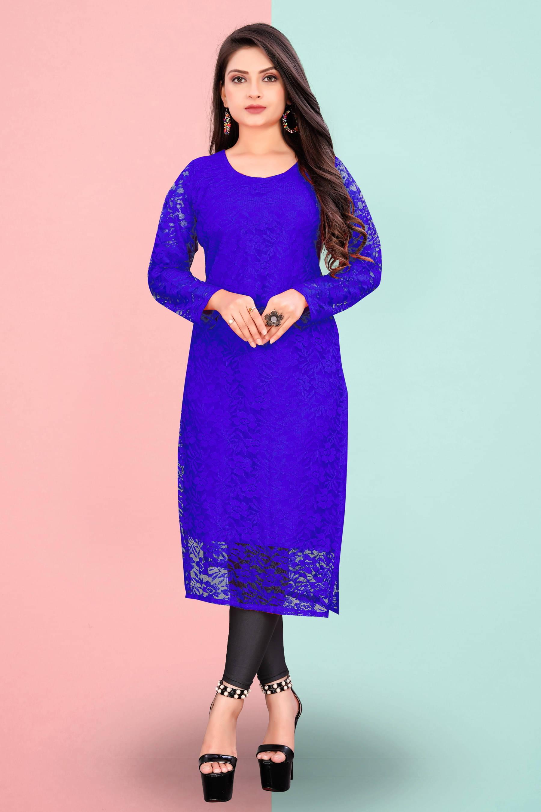 Lakshya Fashion Women Net Printed Straight Kurti ( Blue )     			Lakshya Fashion Women Net Printed Straight Kurti ( Blue )