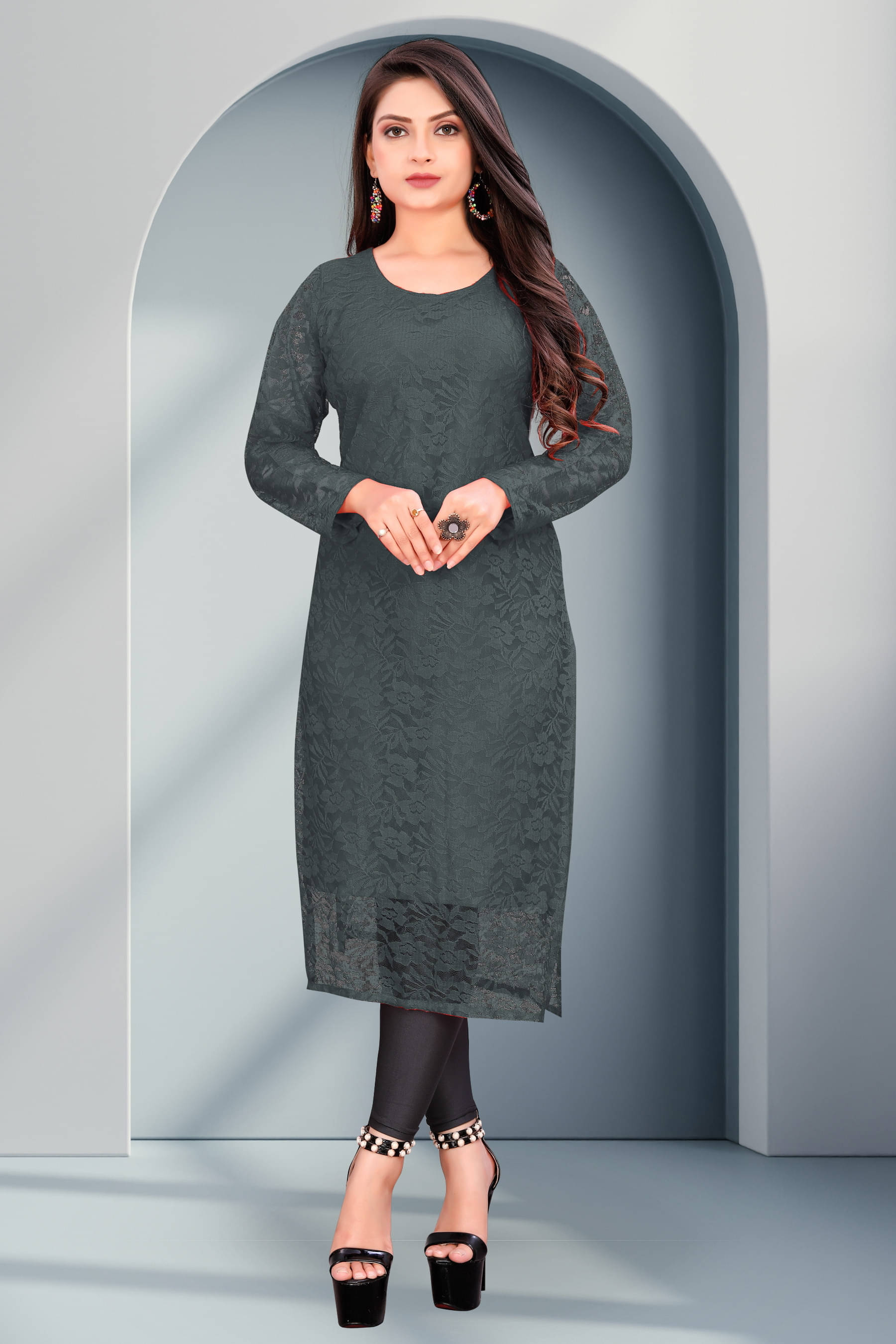 Lakshya Fashion Women Net Printed Straight Kurti ( Grey )     			Lakshya Fashion Women Net Printed Straight Kurti ( Grey )