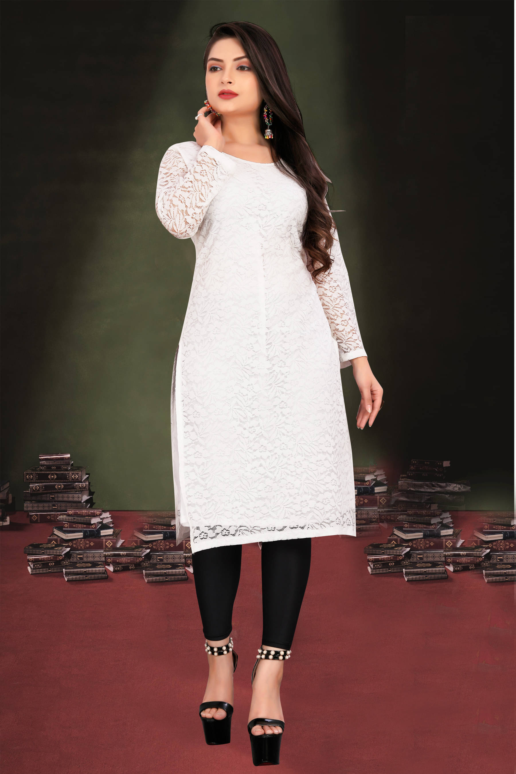 Lakshya Fashion Women Net Printed A-line Kurti ( White ) Lakshya Fashion Women Net Printed A-line Kurti ( White )