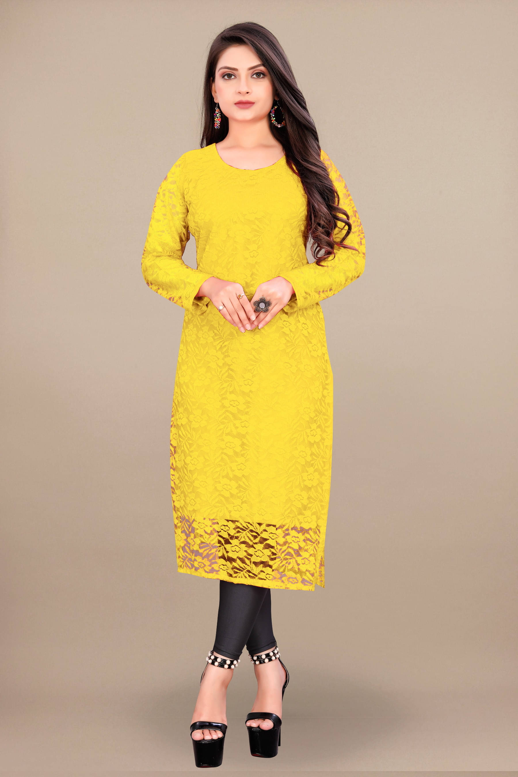 Lakshya Fashion Women Net Printed A-line Kurti ( Yellow ) Lakshya Fashion Women Net Printed A-line Kurti ( Yellow )