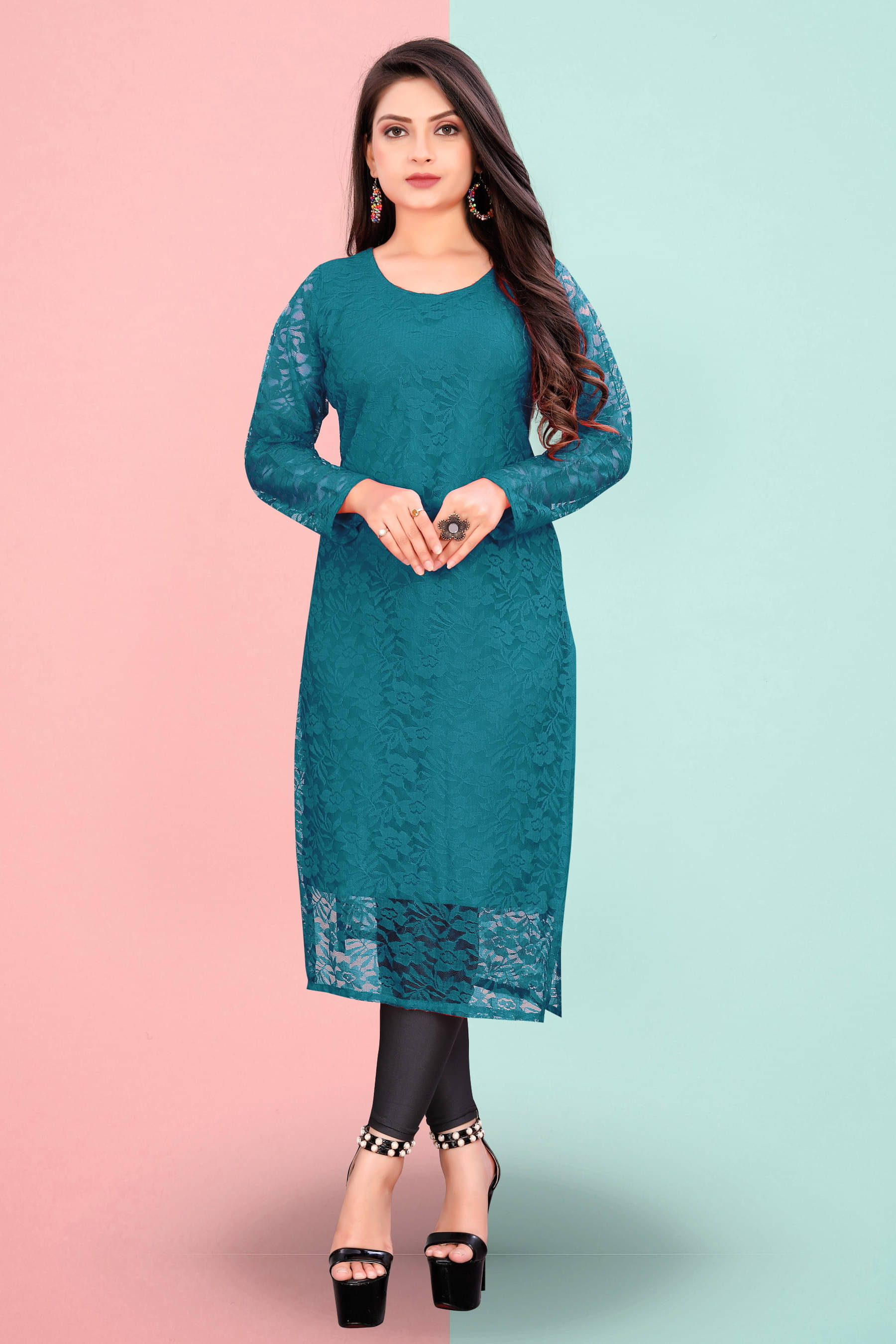     			Lakshya Fashion Women Net Self Design Straight Kurti ( Light Blue )