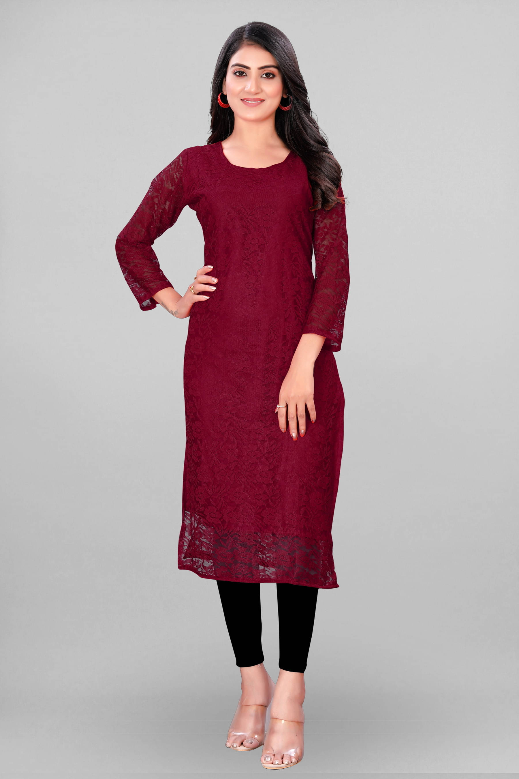 Lakshya Fashion Women Net Self Design Straight Kurti ( Maroon )     			Lakshya Fashion Women Net Self Design Straight Kurti ( Maroon )