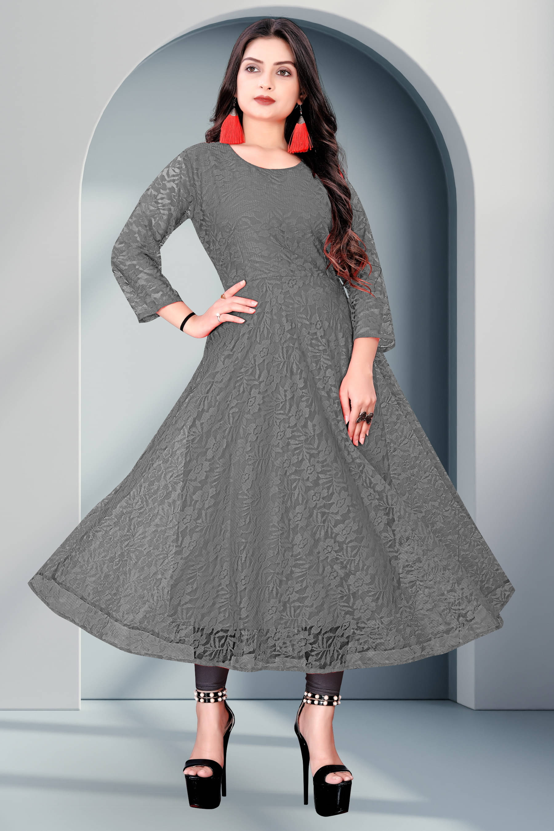 Lakshya Fashion Women Net Self Design Anarkali Kurti ( Grey )     			Lakshya Fashion Women Net Self Design Anarkali Kurti ( Grey )