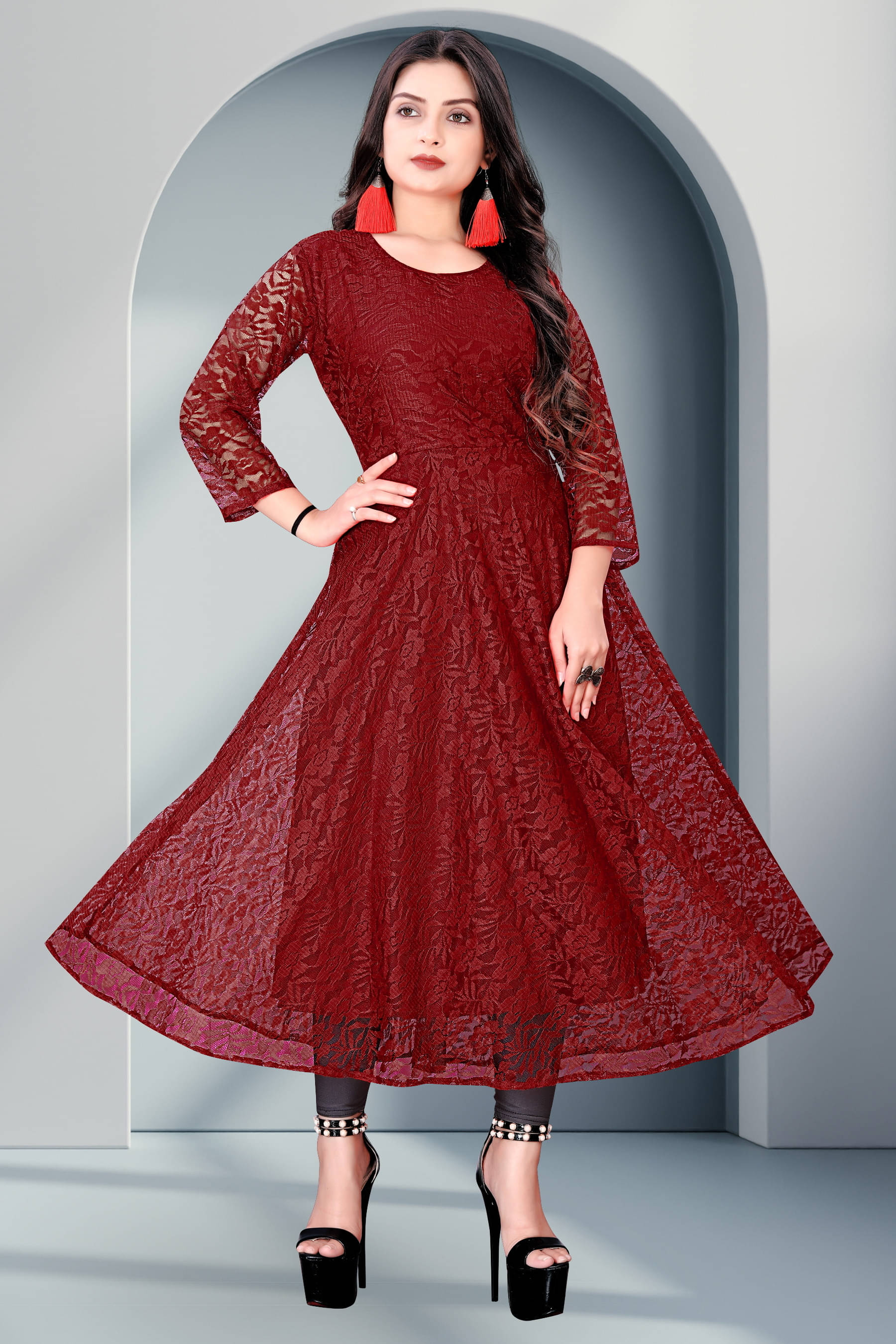 Lakshya Fashion Women Net Self Design Anarkali Kurti ( Maroon )     			Lakshya Fashion Women Net Self Design Anarkali Kurti ( Maroon )