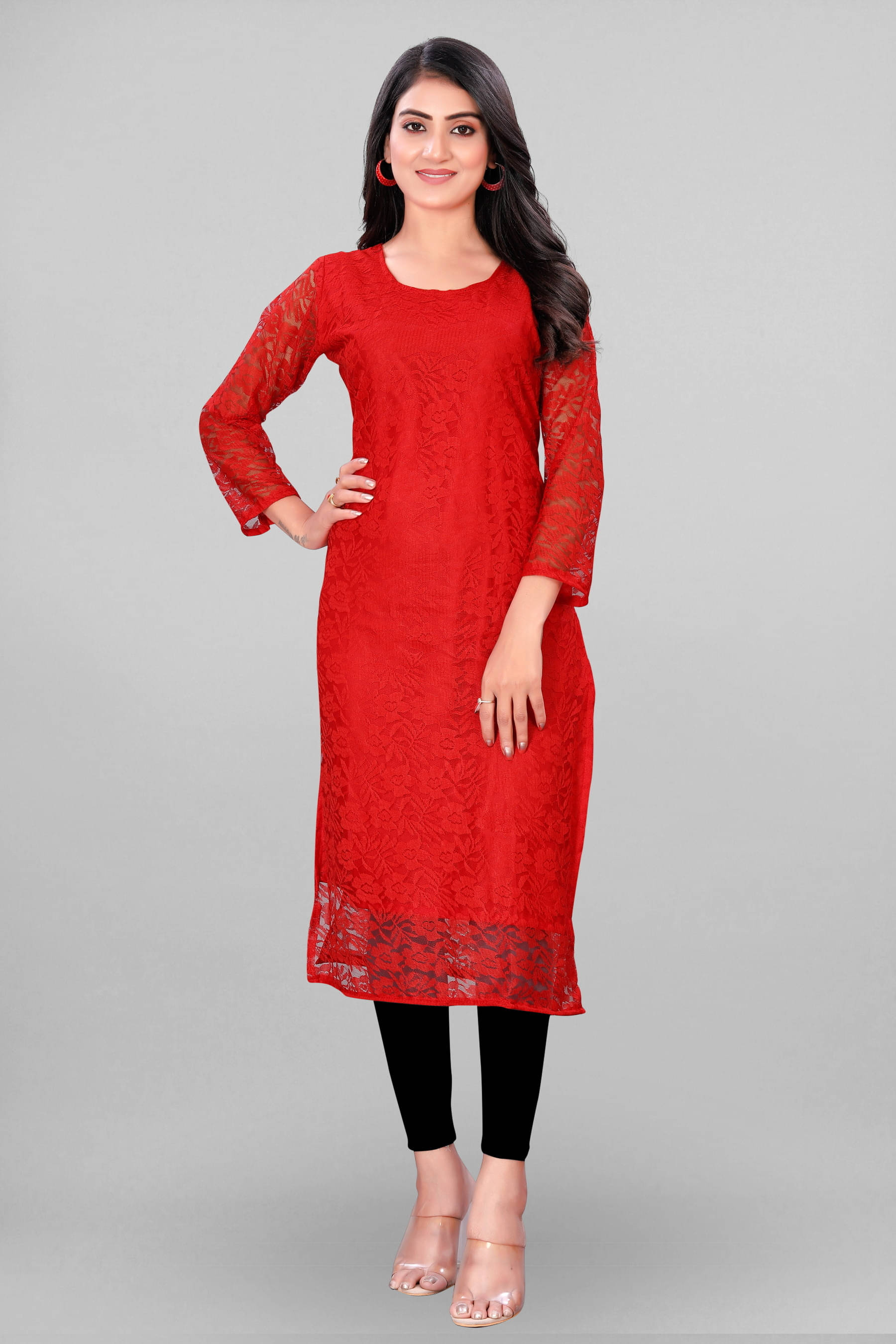     			Lakshya Fashion Women Net Self Design Straight Kurti ( Red )