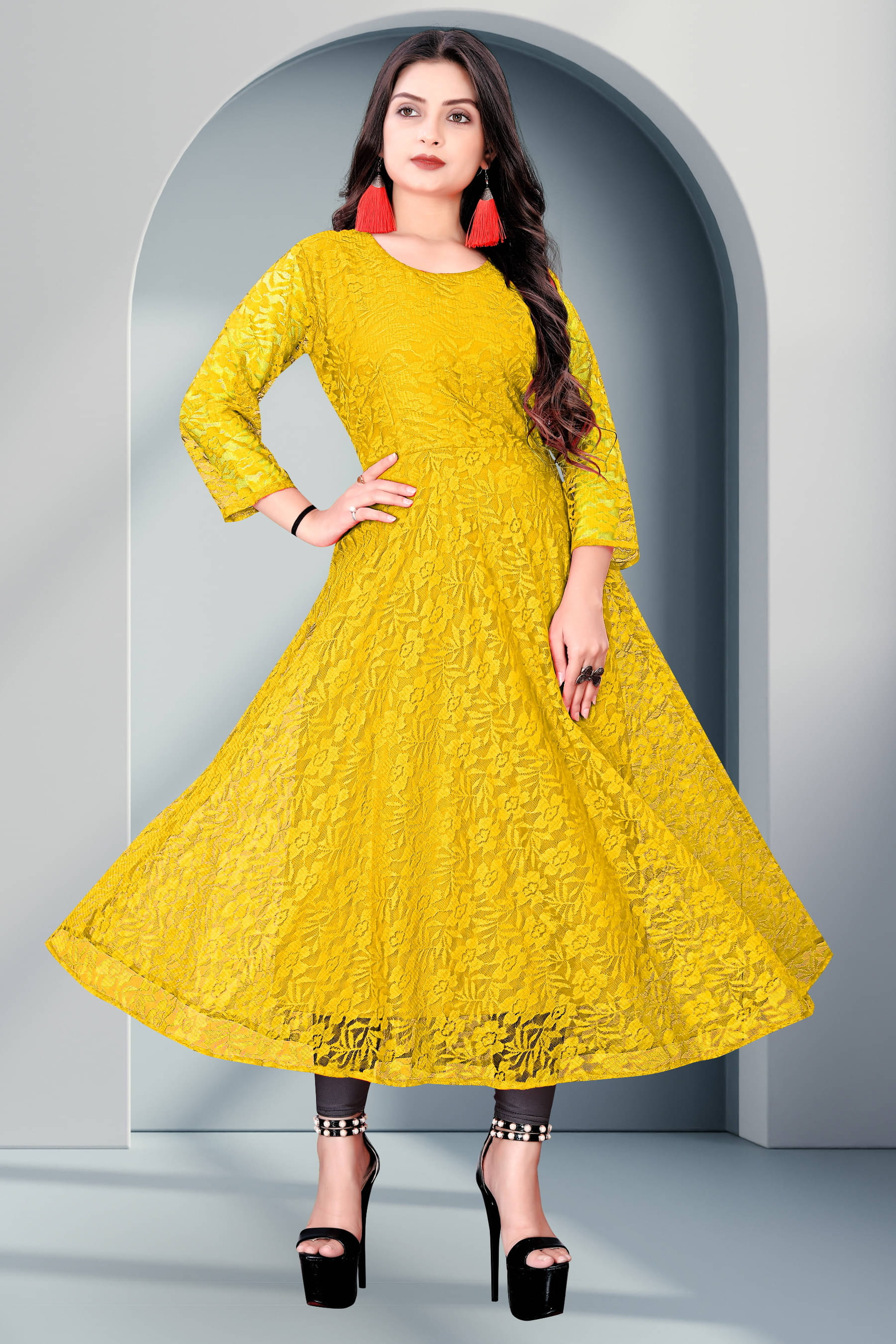     			Lakshya Fashion Women Net Self Design Anarkali Kurti ( Yellow )