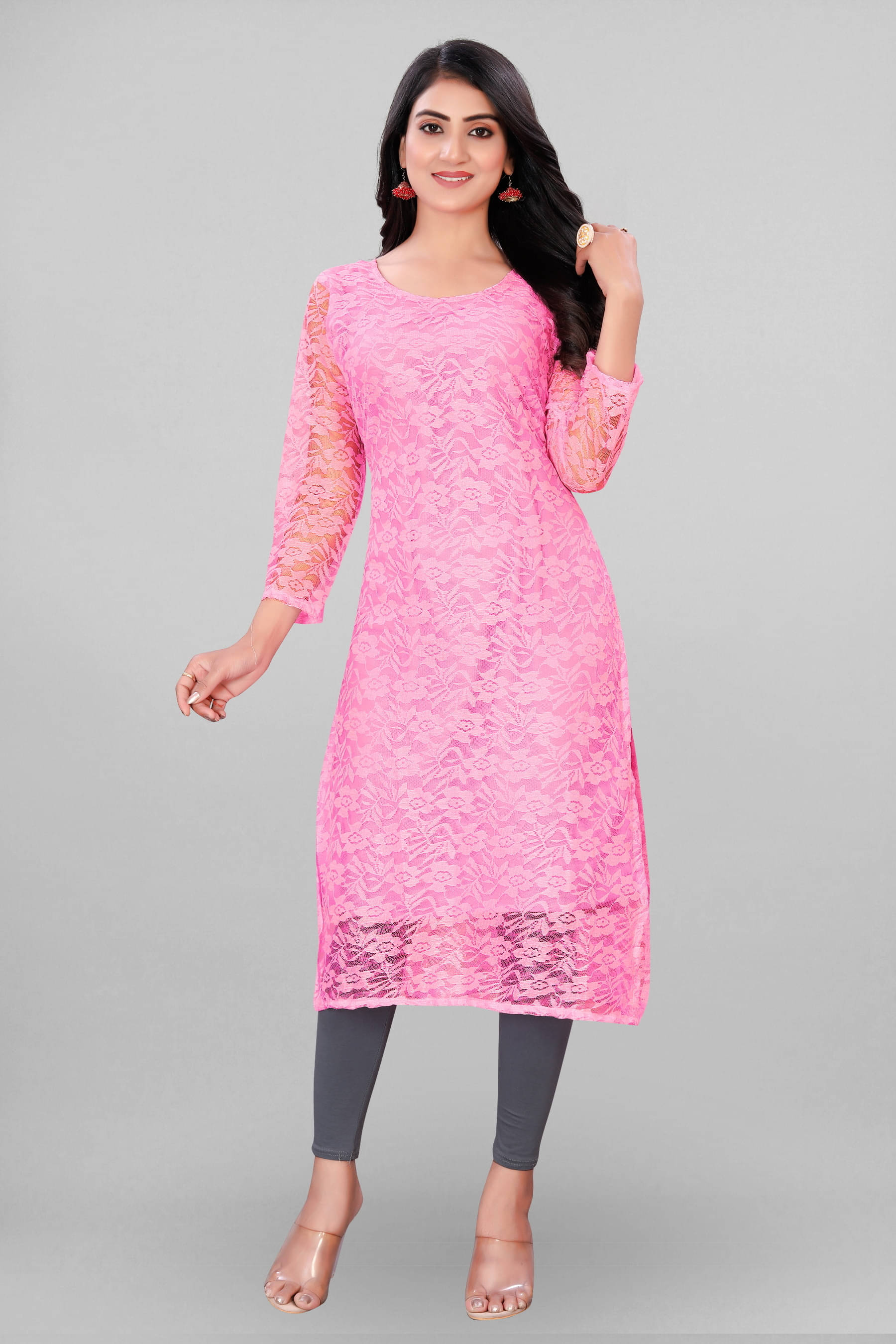 Lakshya Fashion Women Net Self Design Straight Kurti ( Pink ) Lakshya Fashion Women Net Self Design Straight Kurti ( Pink )