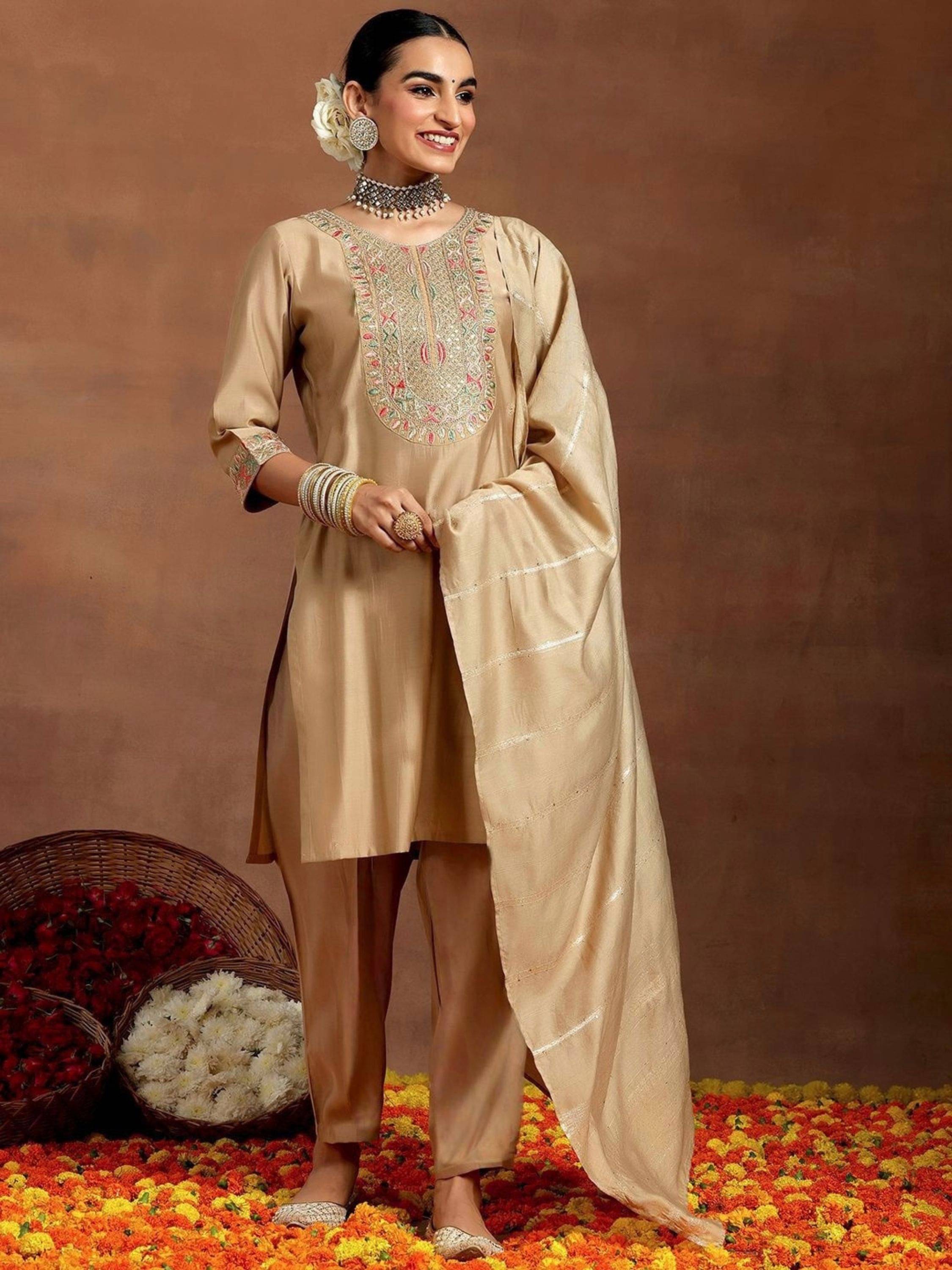 Niza Fashion Women Chanderi Silk Embroidered Straight Kurti With Pants ( Cream ) Niza Fashion Women Chanderi Silk Embroidered Straight Kurti With Pants ( Cream )