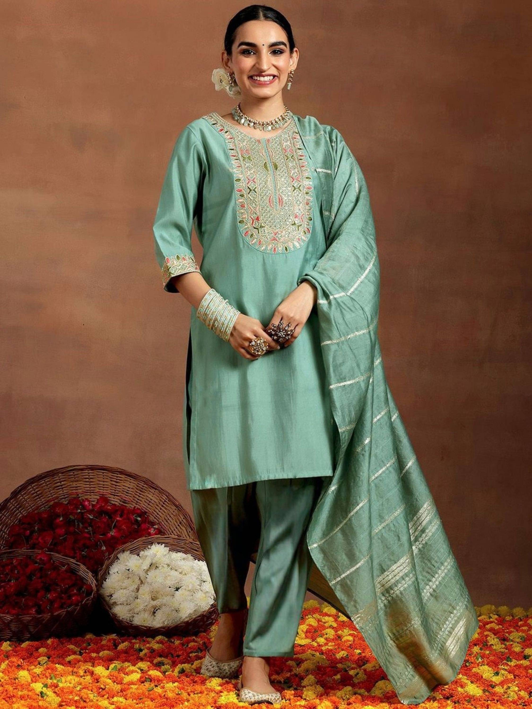     			Niza Fashion Women Chanderi Silk Embroidered Straight Kurti With Pants ( Sea Green )