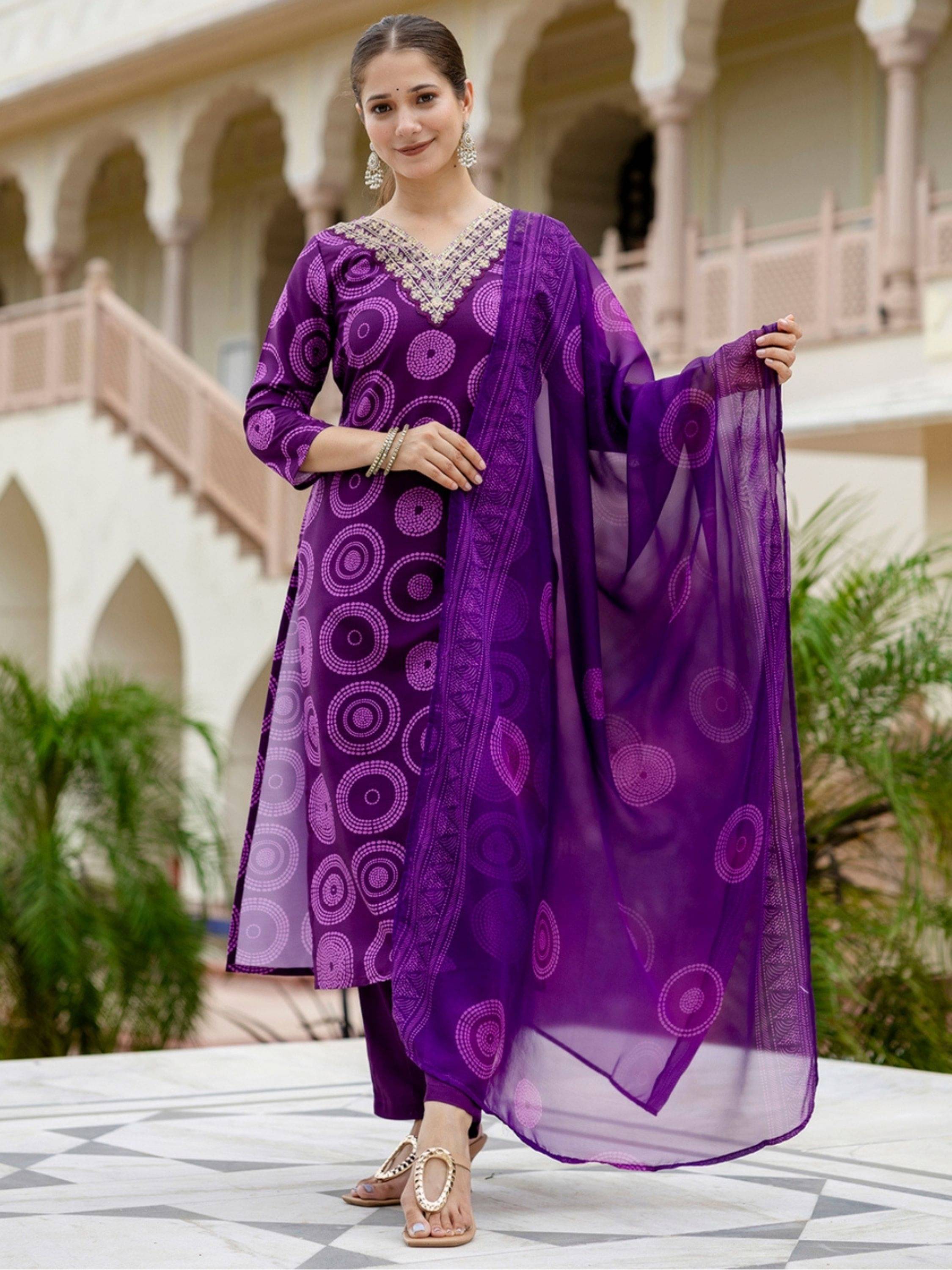     			Niza Fashion Women Rayon Embroidered Straight Kurti With Pants ( Purple )