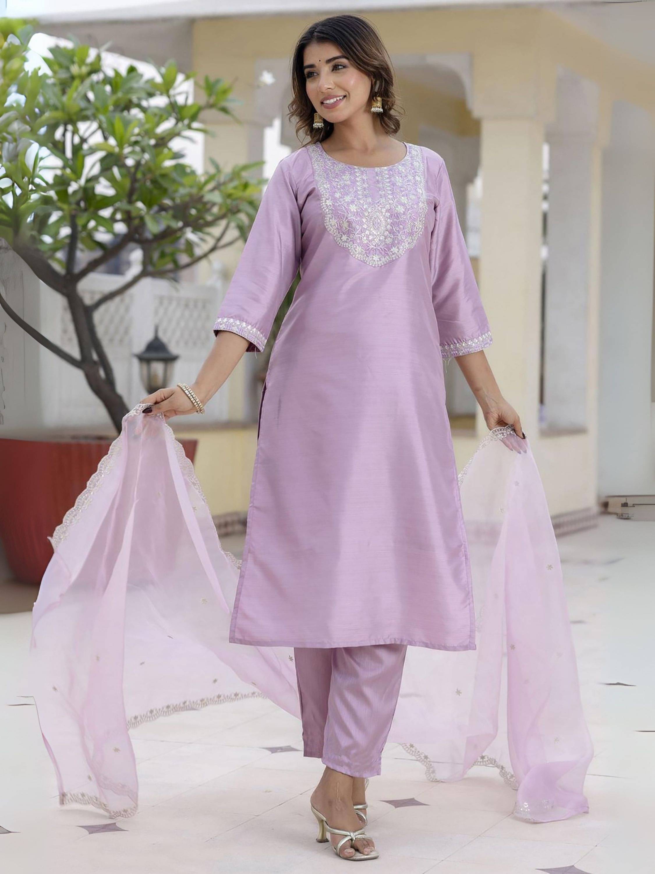     			Niza Fashion Women Silk Embroidered Straight Kurti With Pants ( Lavender )