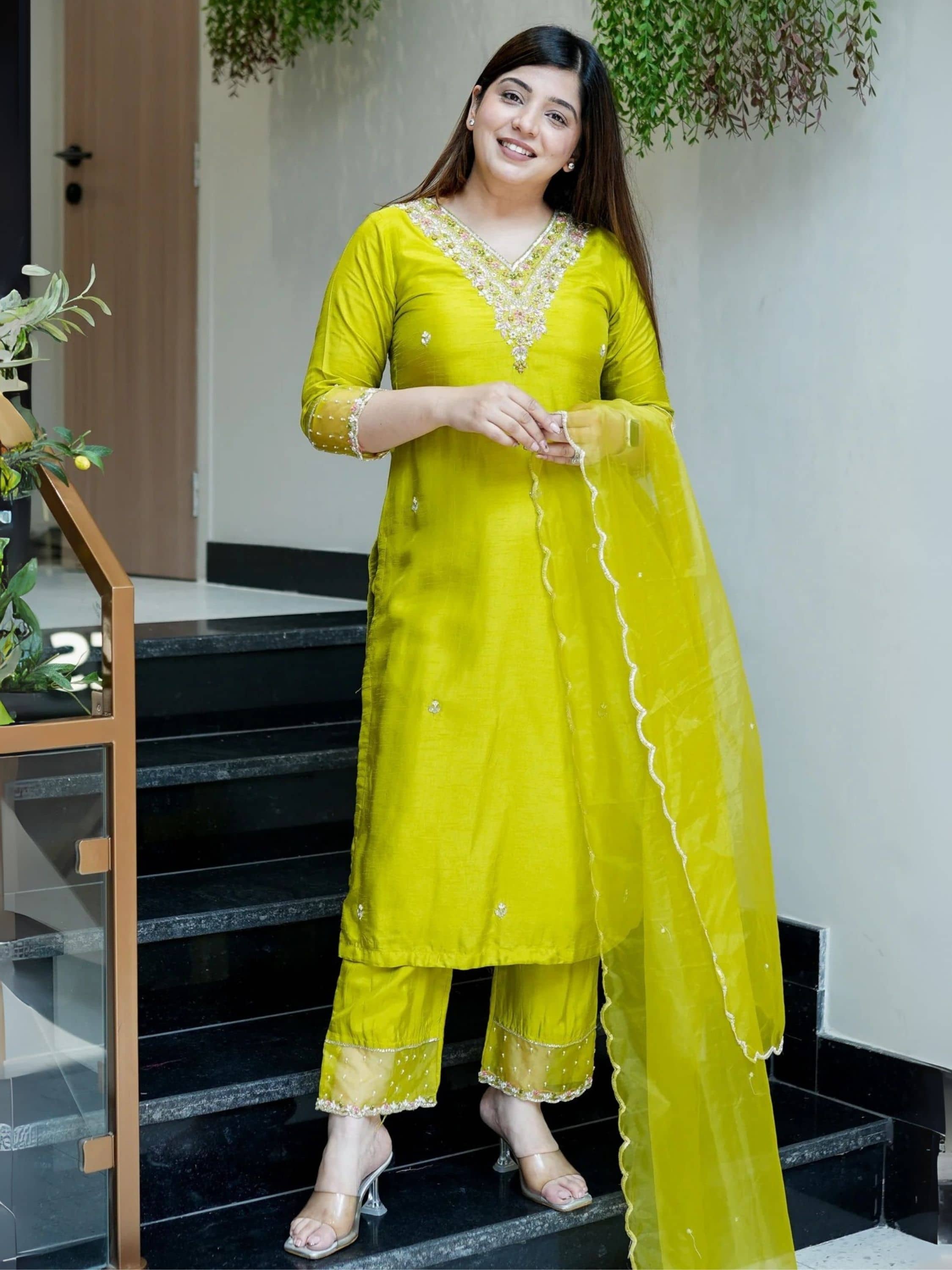 Niza Fashion Women Silk Embroidered Straight Kurti With Pants ( Yellow )