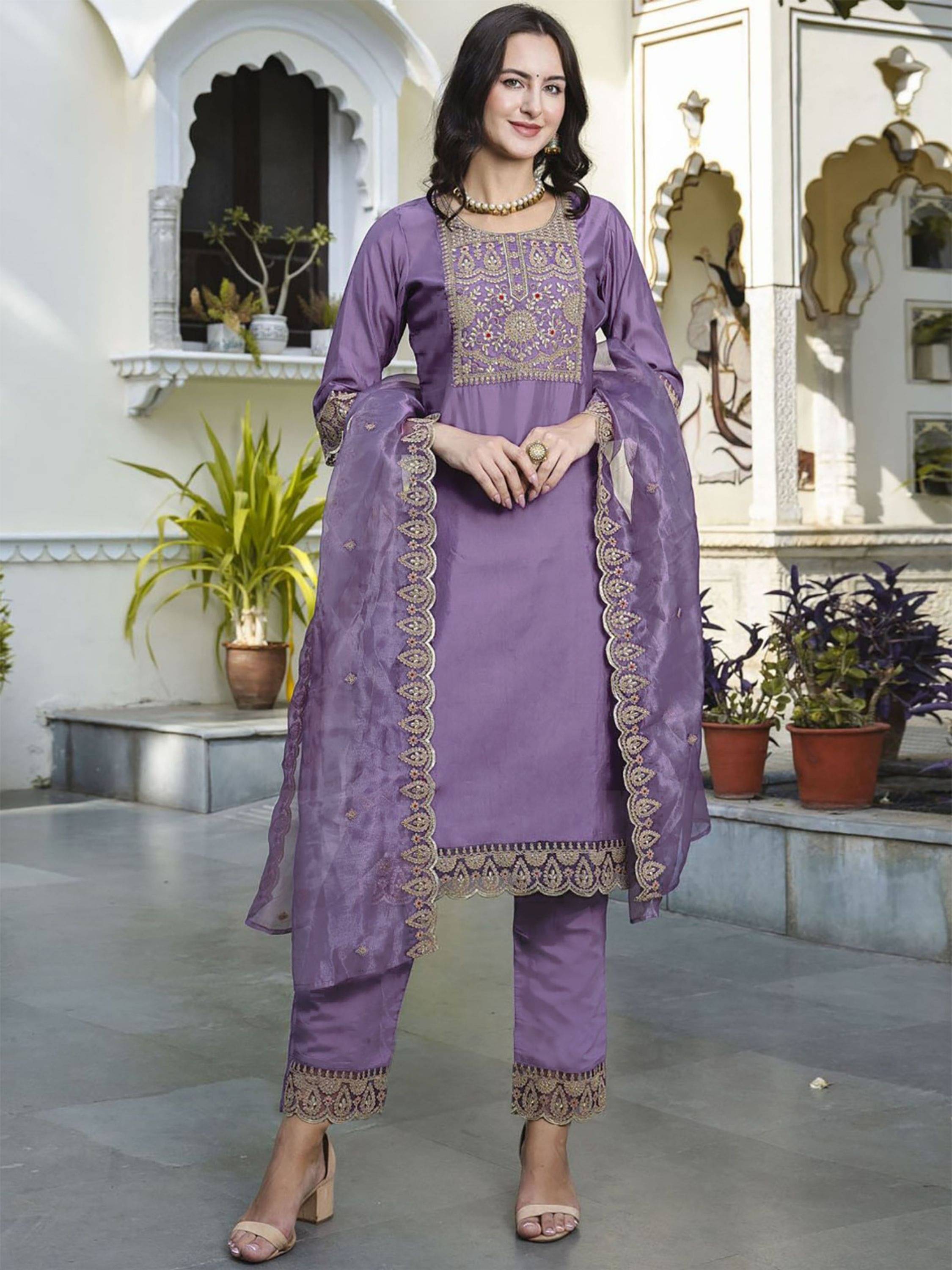     			Niza Fashion Women Silk Embroidered Straight Kurti With Pants ( Lavender )