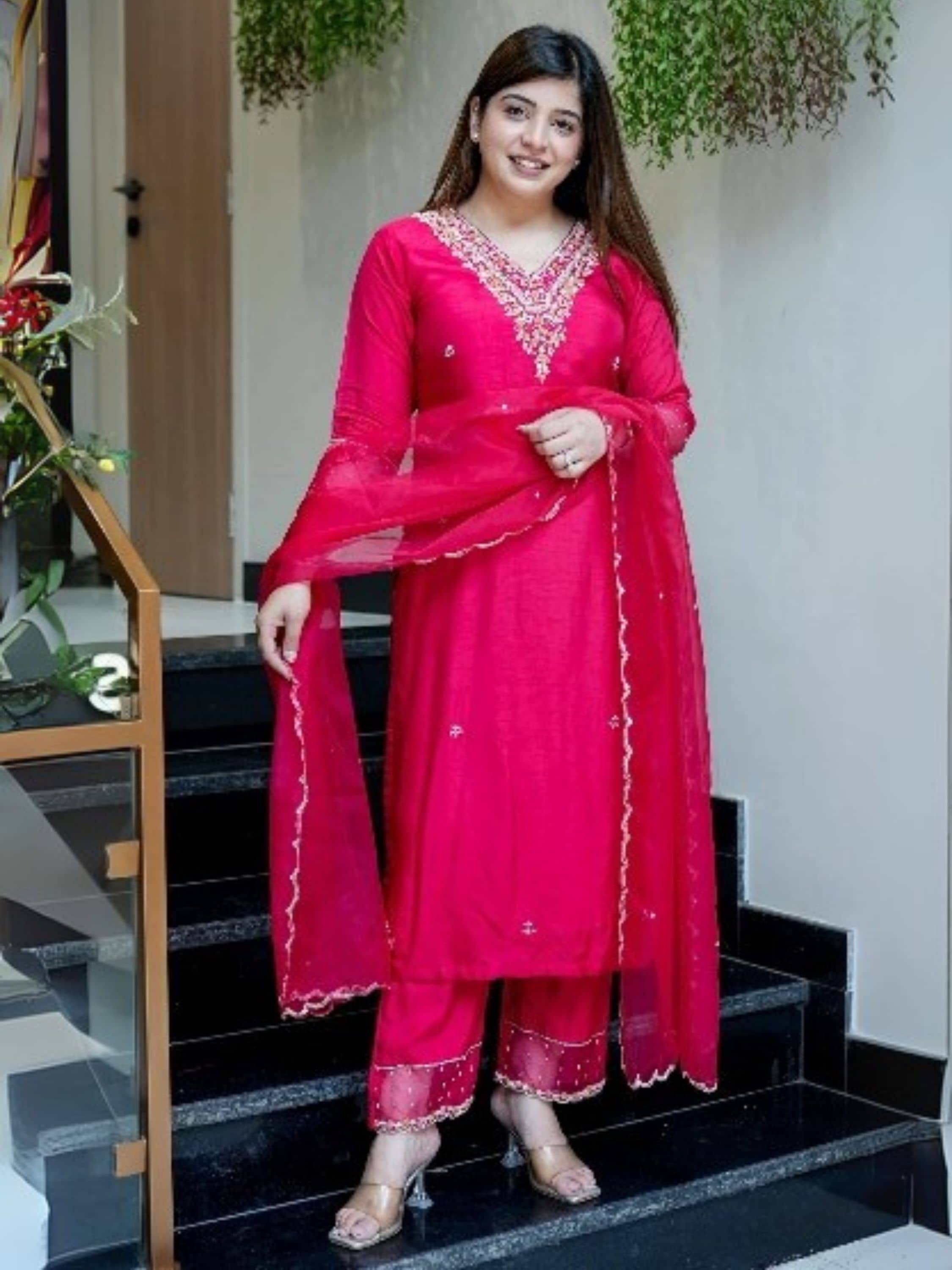 Niza Fashion Women Silk Embroidered Straight Kurti With Pants ( Pink )