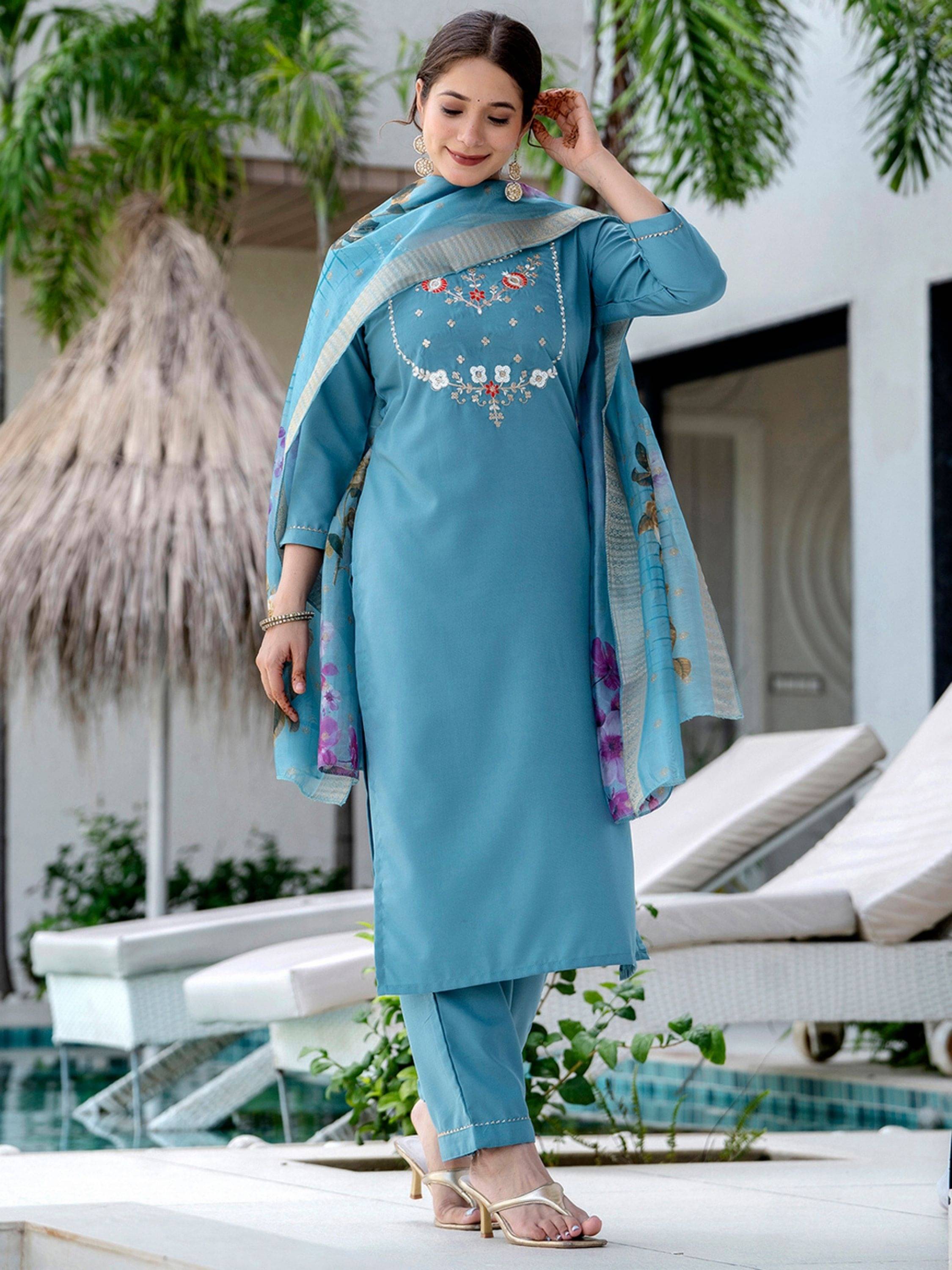     			Niza Fashion Women Viscose Embroidered Straight Kurti With Pants ( Blue )