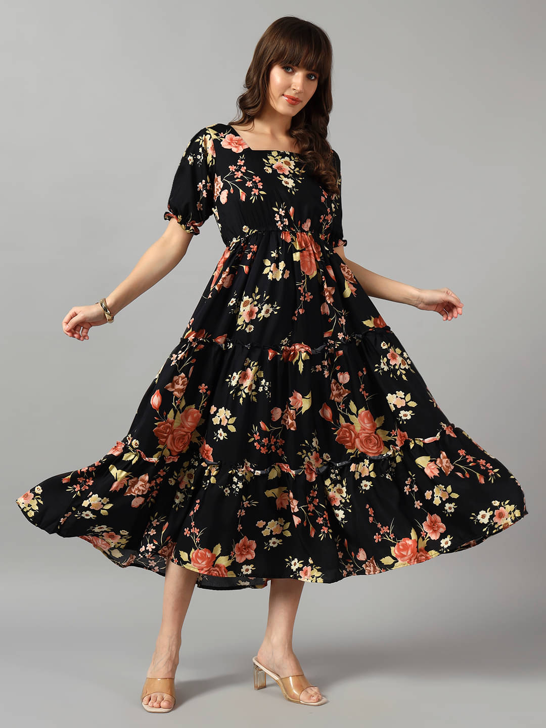     			RAIYANI FASHION Women Crepe Printed Fit & Flare Dress ( Gold )