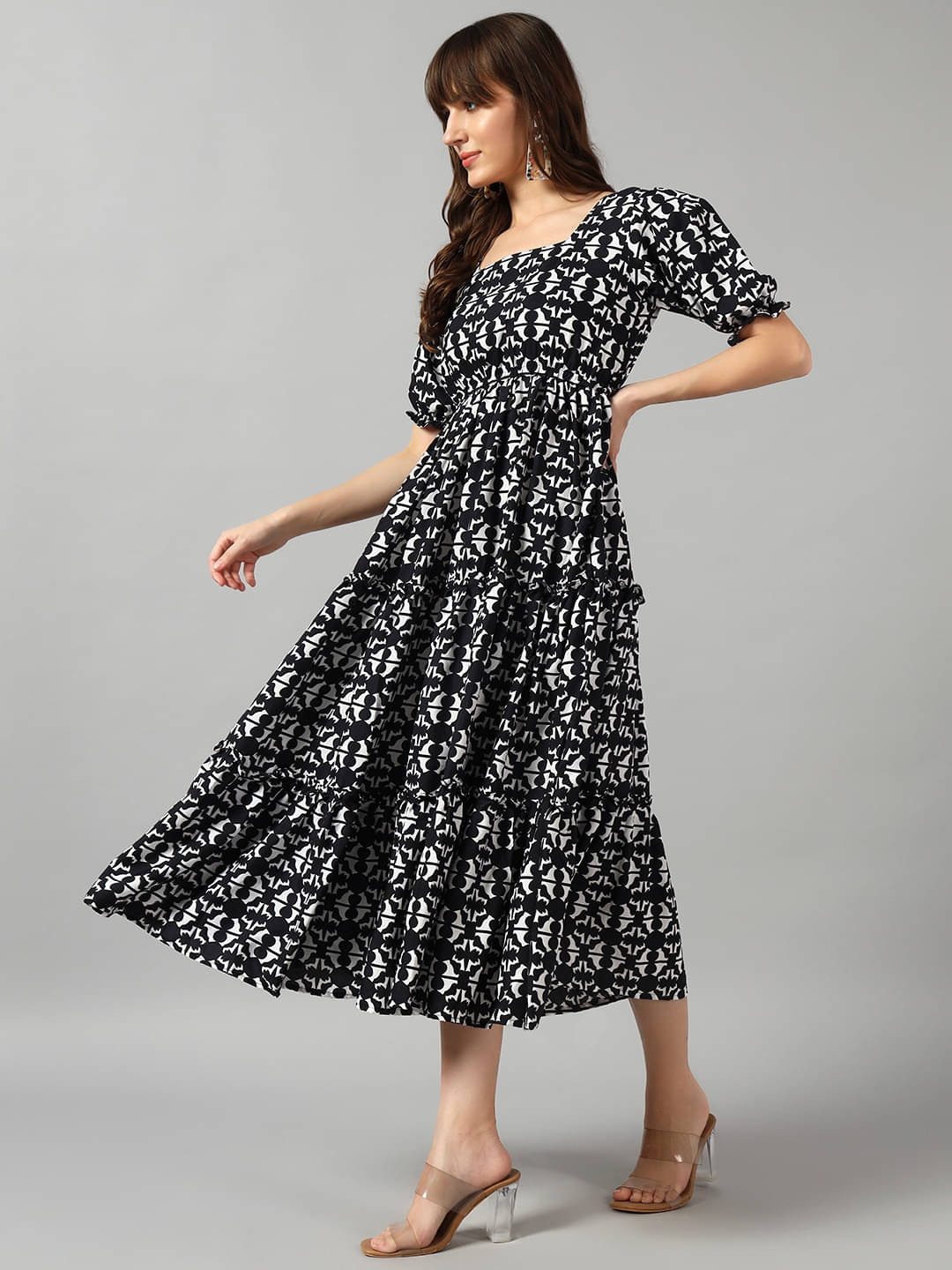     			RAIYANI FASHION Women Crepe Printed Fit & Flare Dress ( Black )