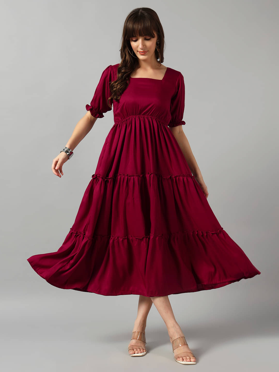     			RAIYANI FASHION Women Crepe Solid Fit & Flare Dress ( Maroon )