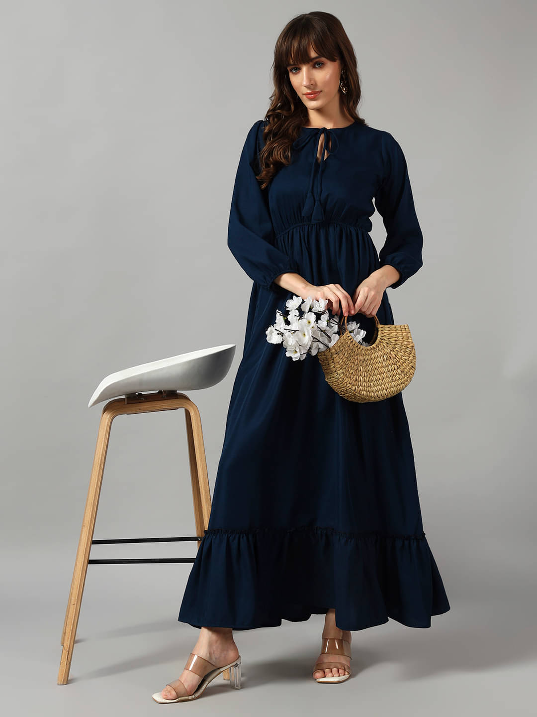     			RAIYANI FASHION Women Crepe Solid Fit & Flare Dress ( Blue )