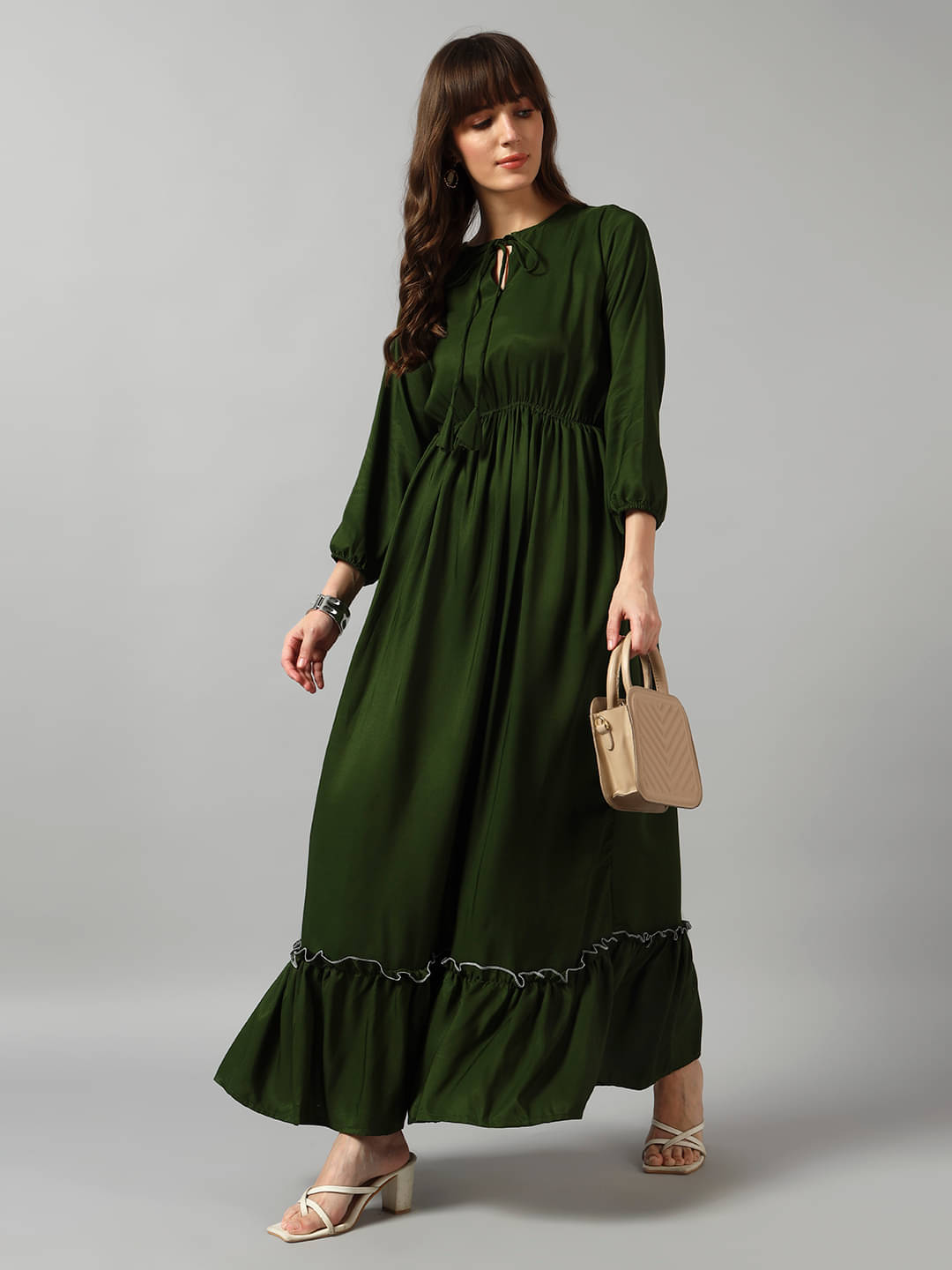     			RAIYANI FASHION Women Crepe Solid Fit & Flare Dress ( Olive )