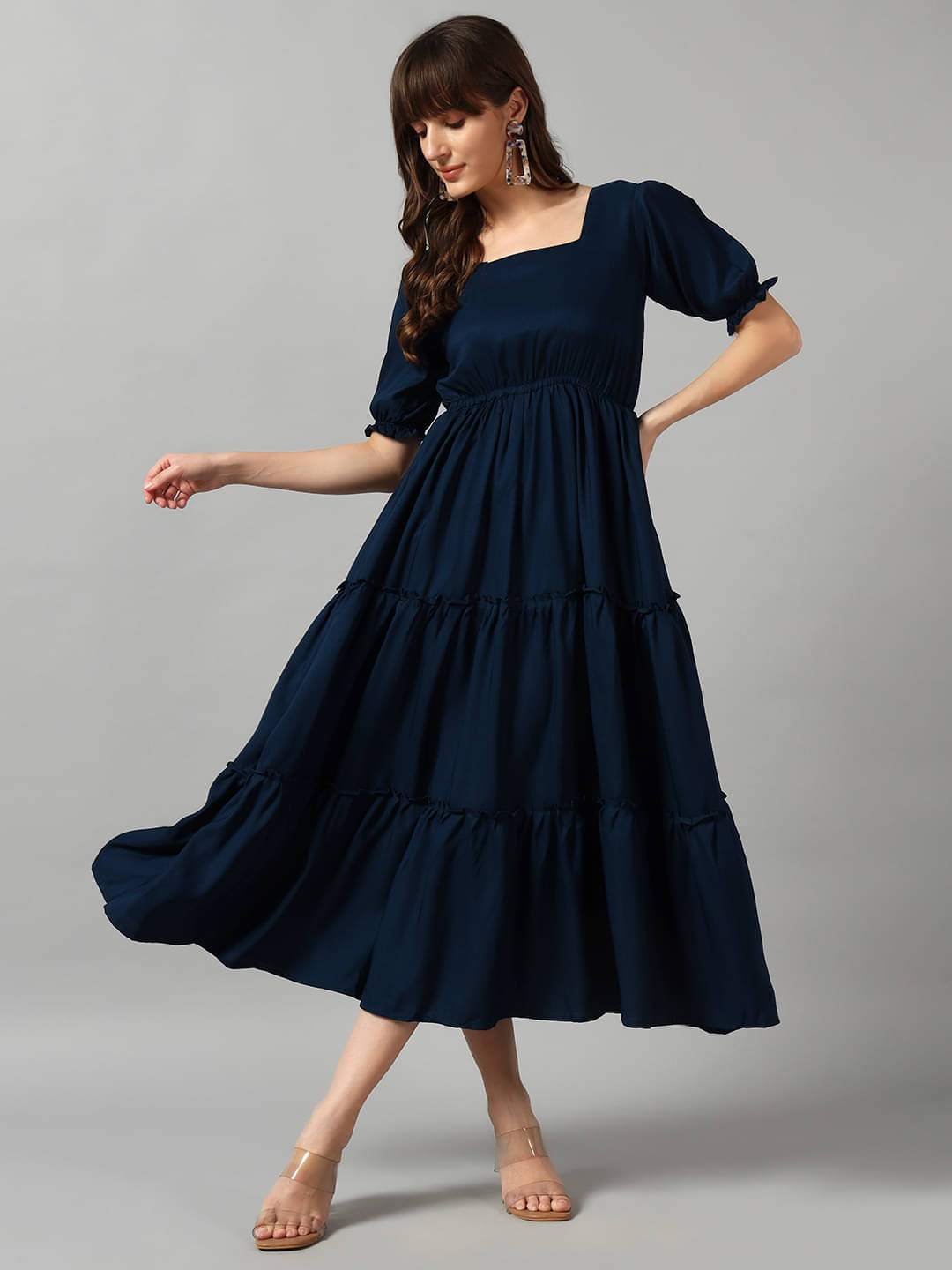     			RAIYANI FASHION Women Crepe Solid Fit & Flare Dress ( Blue )