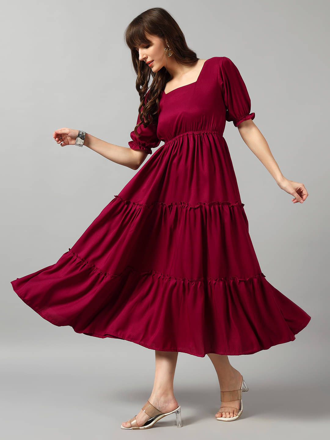 RAIYANI FASHION Women Crepe Solid Fit & Flare Dress ( Maroon ) RAIYANI FASHION Women Crepe Solid Fit & Flare Dress ( Maroon )