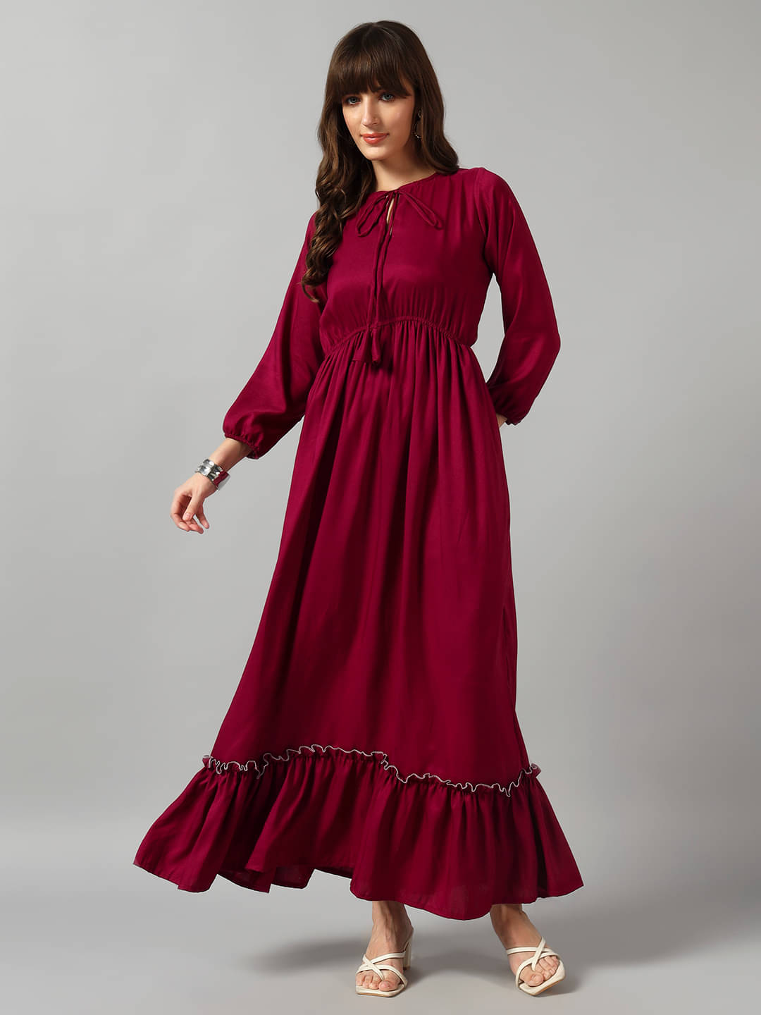     			RAIYANI FASHION Women Crepe Solid Fit & Flare Dress ( Wine )