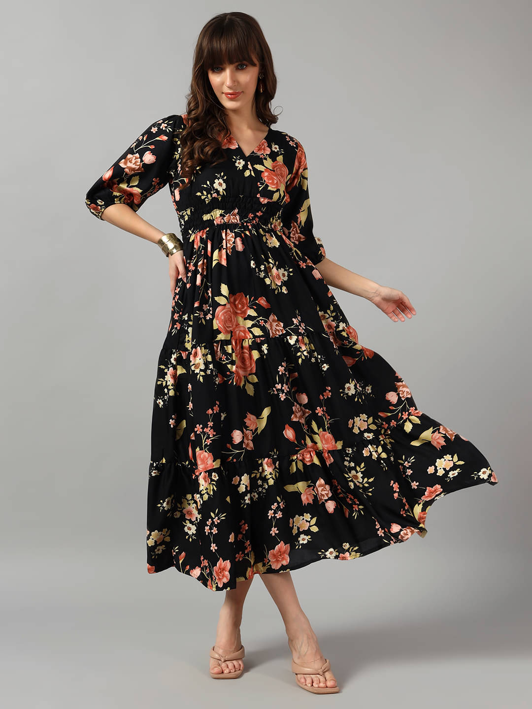     			Raiyani enterprise Women Crepe Printed Fit & Flare Dress ( Gold )