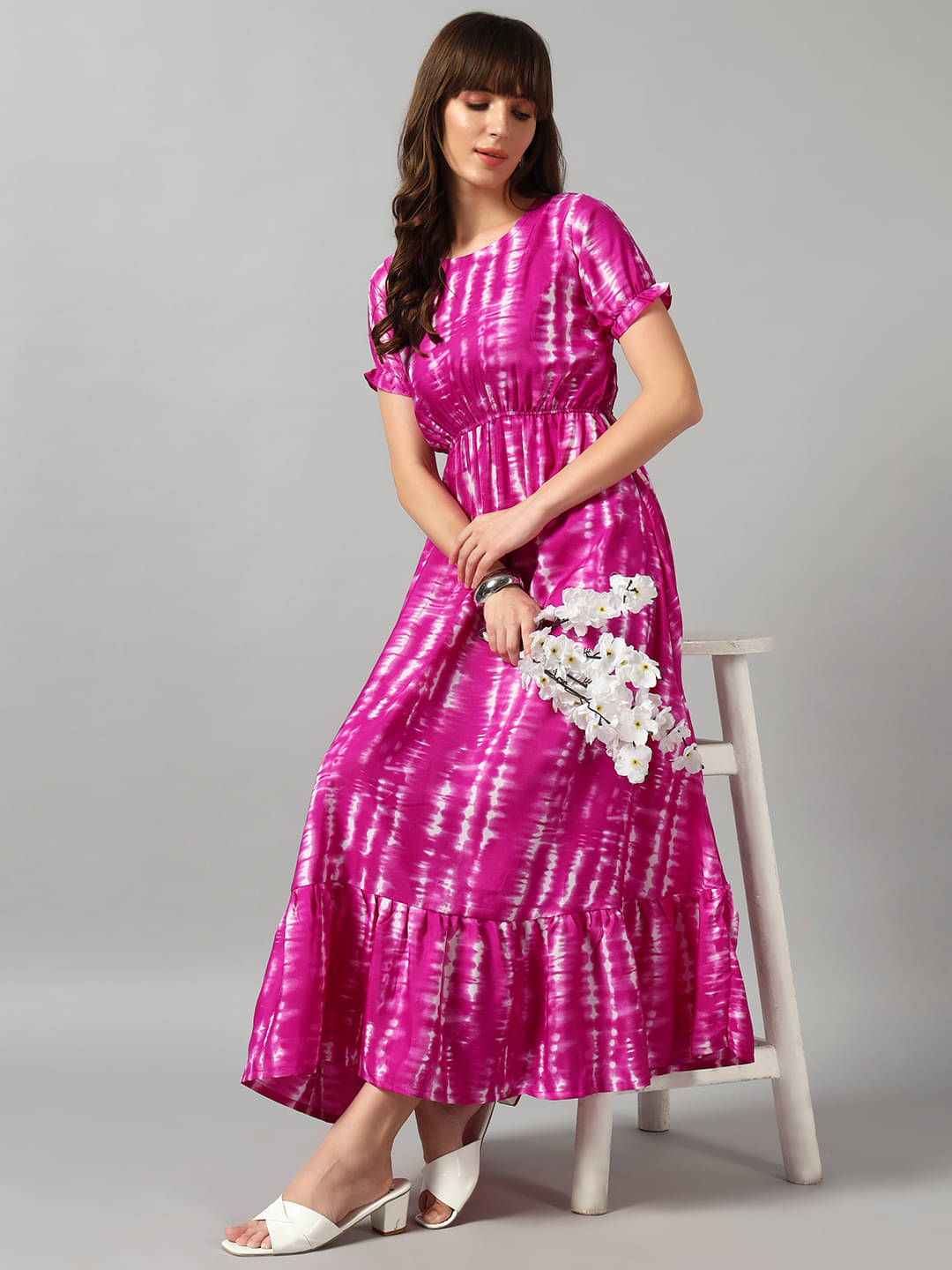     			Raiyani enterprise Women Crepe Printed Fit & Flare Dress ( Lavender )