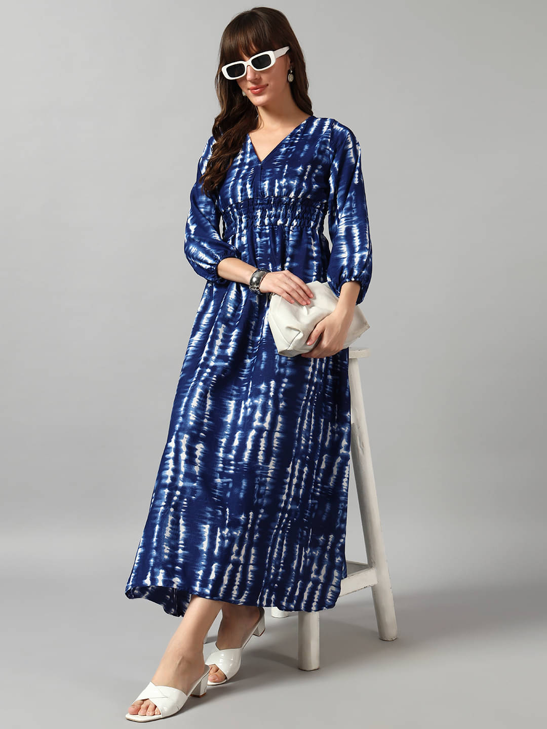     			Raiyani enterprise Women Crepe Printed Fit & Flare Dress ( Blue )