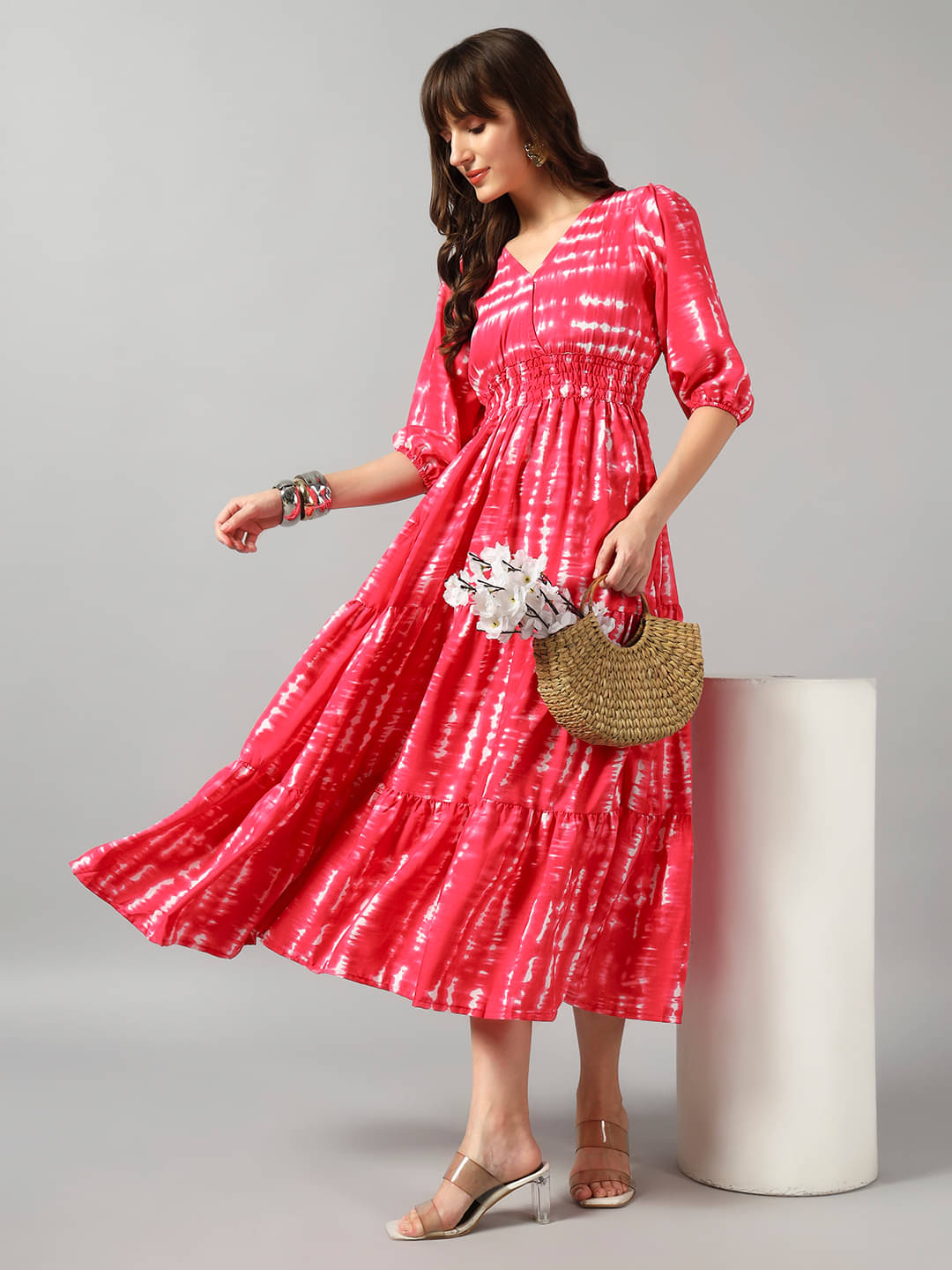     			Raiyani enterprise Women Crepe Printed Fit & Flare Dress ( Pink )