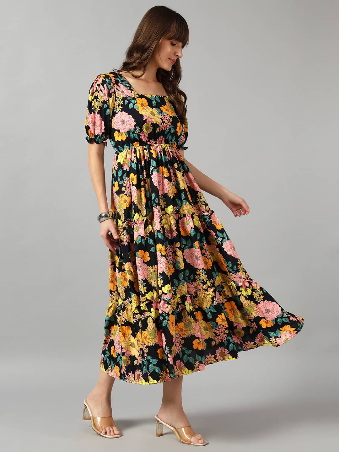     			Raiyani enterprise Women Crepe Printed Fit & Flare Dress ( Yellow )