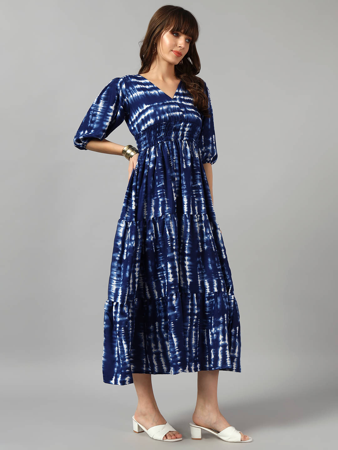     			Raiyani enterprise Women Crepe Printed Fit & Flare Dress ( Blue )