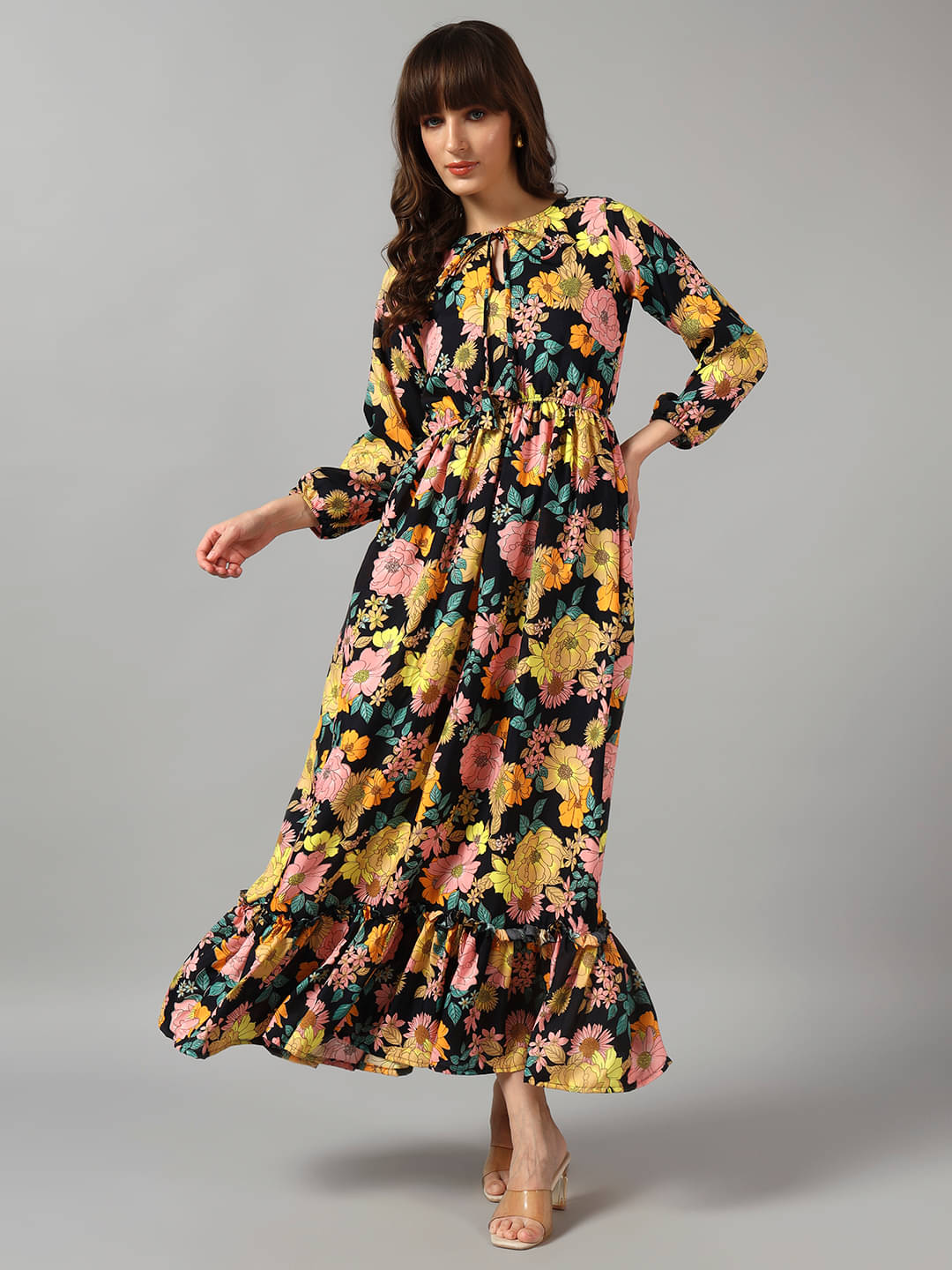     			Raiyani enterprise Women Crepe Printed Fit & Flare Dress ( Yellow )