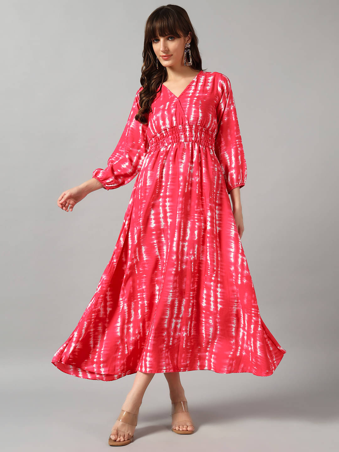     			Raiyani enterprise Women Crepe Printed Fit & Flare Dress ( Pink )