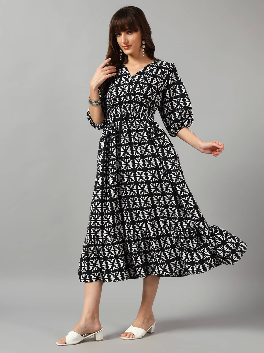     			Raiyani enterprise Women Crepe Printed Fit & Flare Dress ( Black )