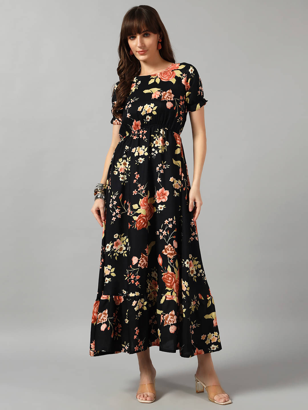     			Raiyani enterprise Women Crepe Printed Fit & Flare Dress ( Gold )