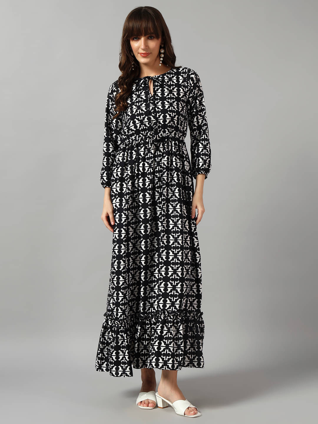     			Raiyani enterprise Women Crepe Printed Fit & Flare Dress ( Black )