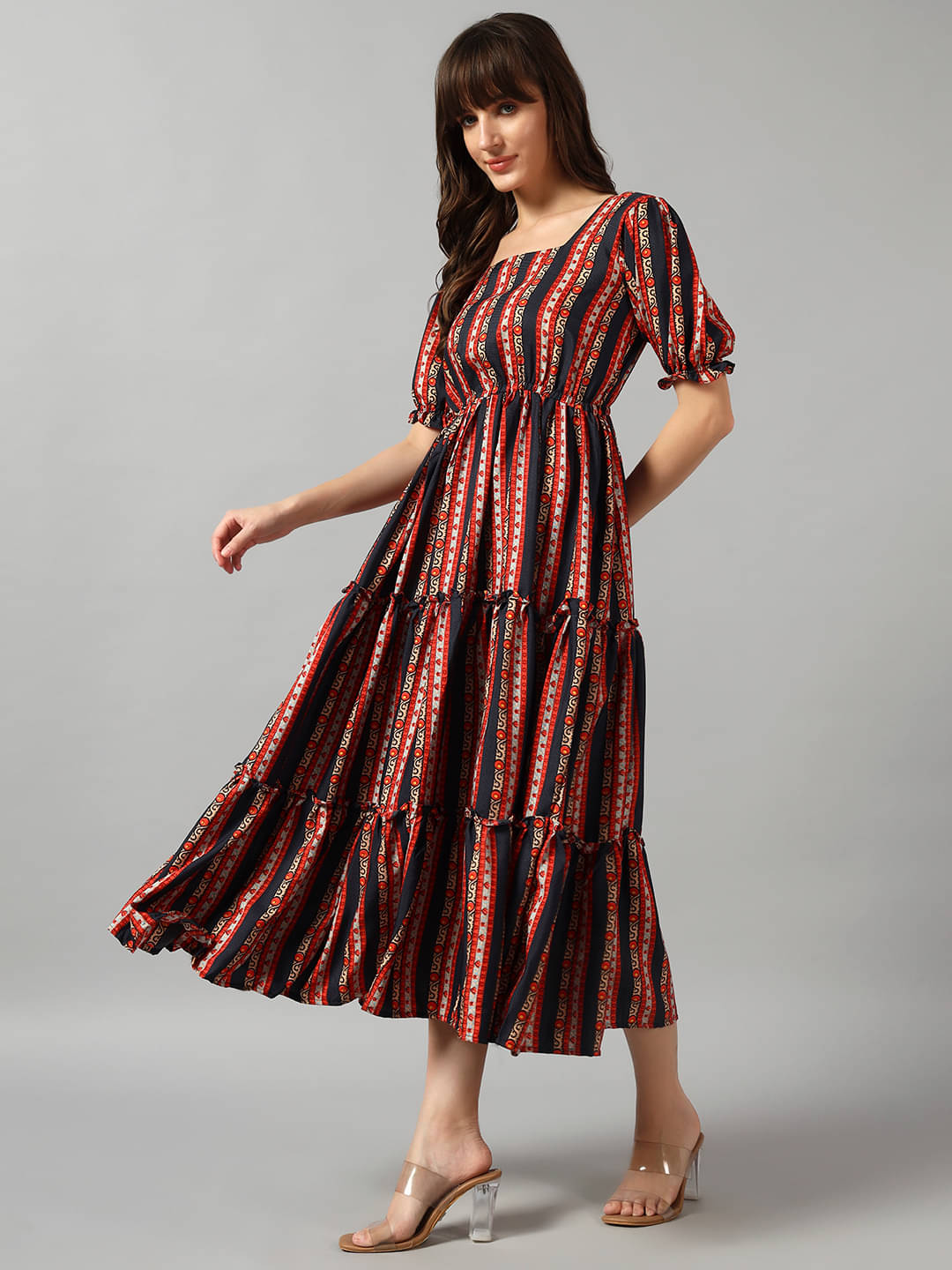 Raiyani enterprise Women Crepe Printed Fit & Flare Dress ( Black ) Raiyani enterprise Women Crepe Printed Fit & Flare Dress ( Black )