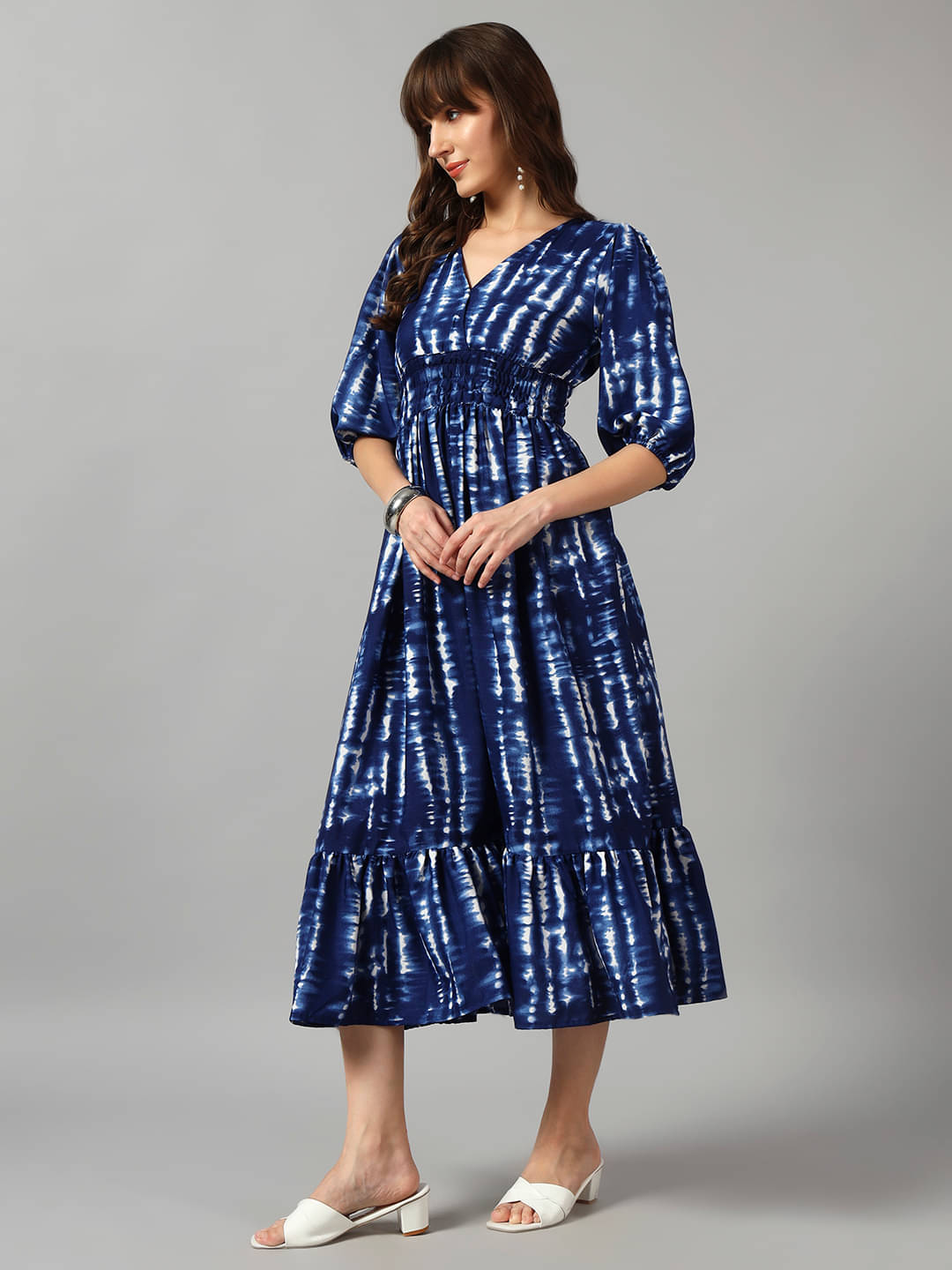     			Raiyani enterprise Women Crepe Printed Fit & Flare Dress ( Blue )