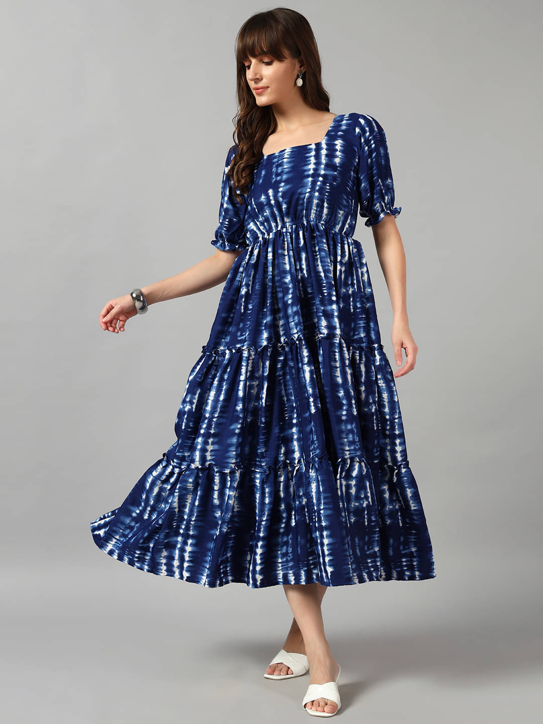     			Raiyani enterprise Women Crepe Printed Fit & Flare Dress ( Blue )